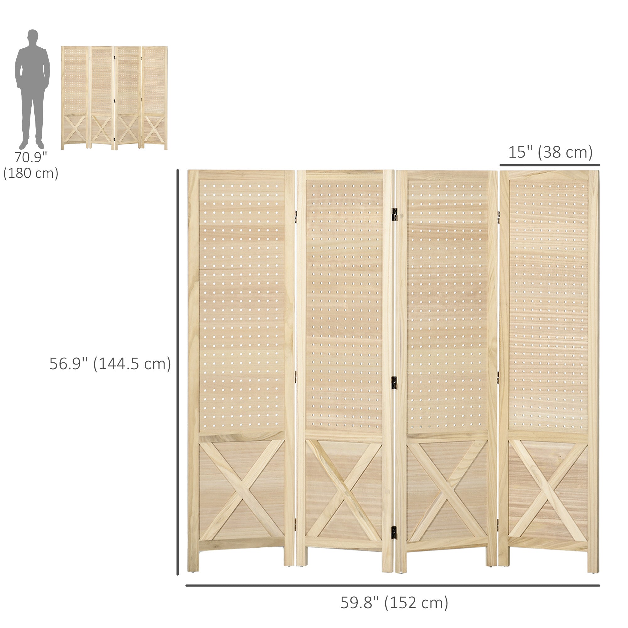 HOMCOM 4 Panel Pegboard Display Room Divider, 4.7' Tall Wood Indoor Portable Folding Privacy Screen, Partition Wall Divider for Home Office, Natural