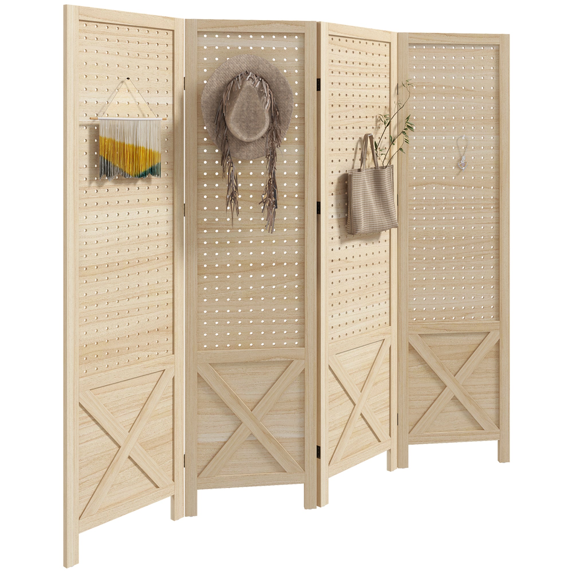 4 Panel Pegboard Display Room Divider, 4.7' Tall Wood Privacy Screen, Natural