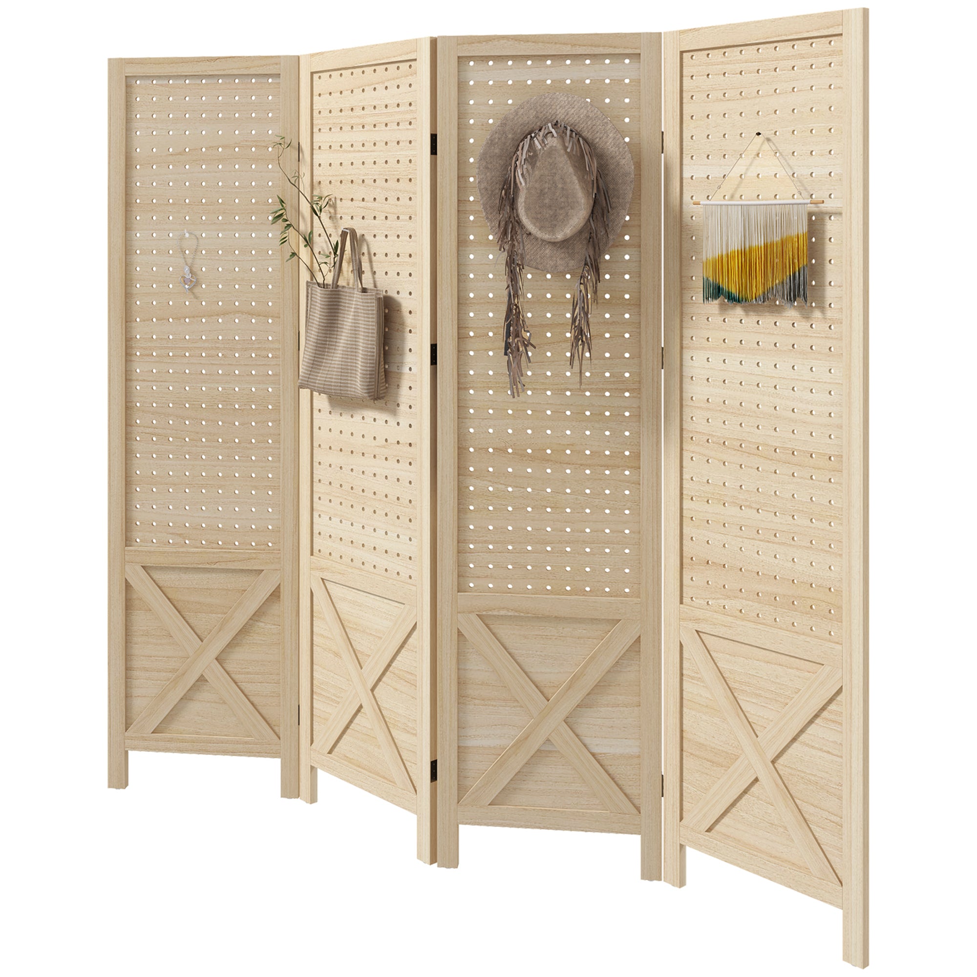 4 Panel Pegboard Display Room Divider, 4.7' Tall Wood Privacy Screen, Natural