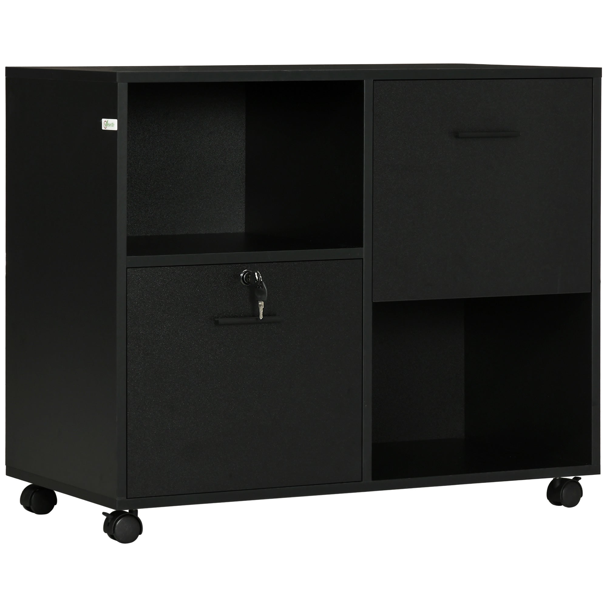 Vinsetto Lateral Filing Cabinet with Drawers and Lock, File Cabinet, Mobile Printer Stand with Open Shelves and Wheels for Letter and A4 Size Documents, Black