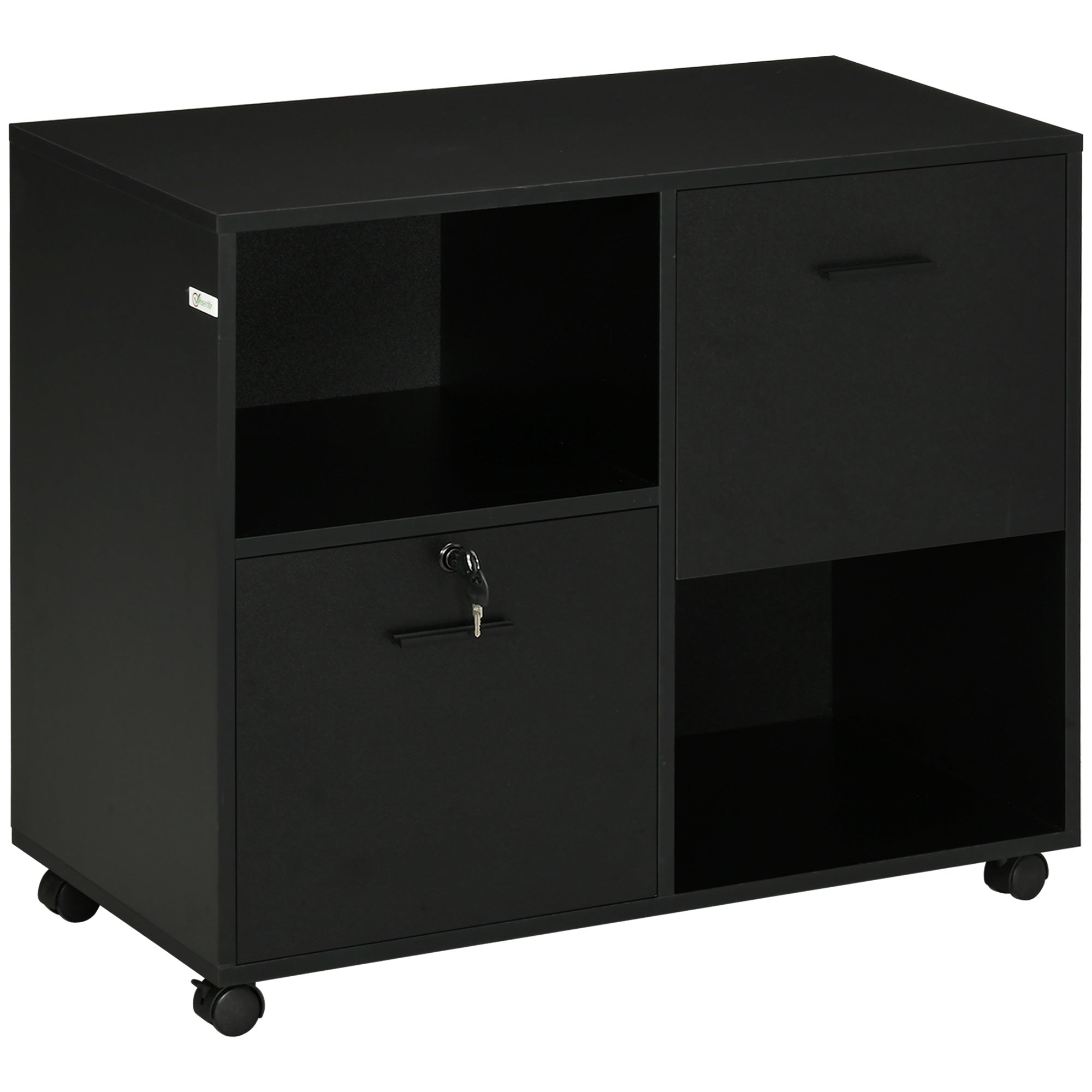 Vinsetto Lateral Filing Cabinet with Drawers and Lock, File Cabinet, Mobile Printer Stand with Open Shelves and Wheels for Letter and A4 Size Documents, Black