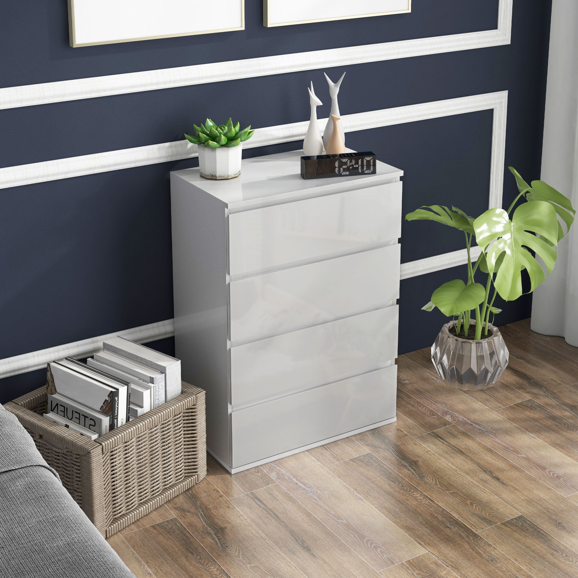 HOMCOM High Gloss Chest of Drawers, 4 Drawers Dresser, Modern Storage Drawer Unit with Soft Closing Mechanism for Bedroom, White