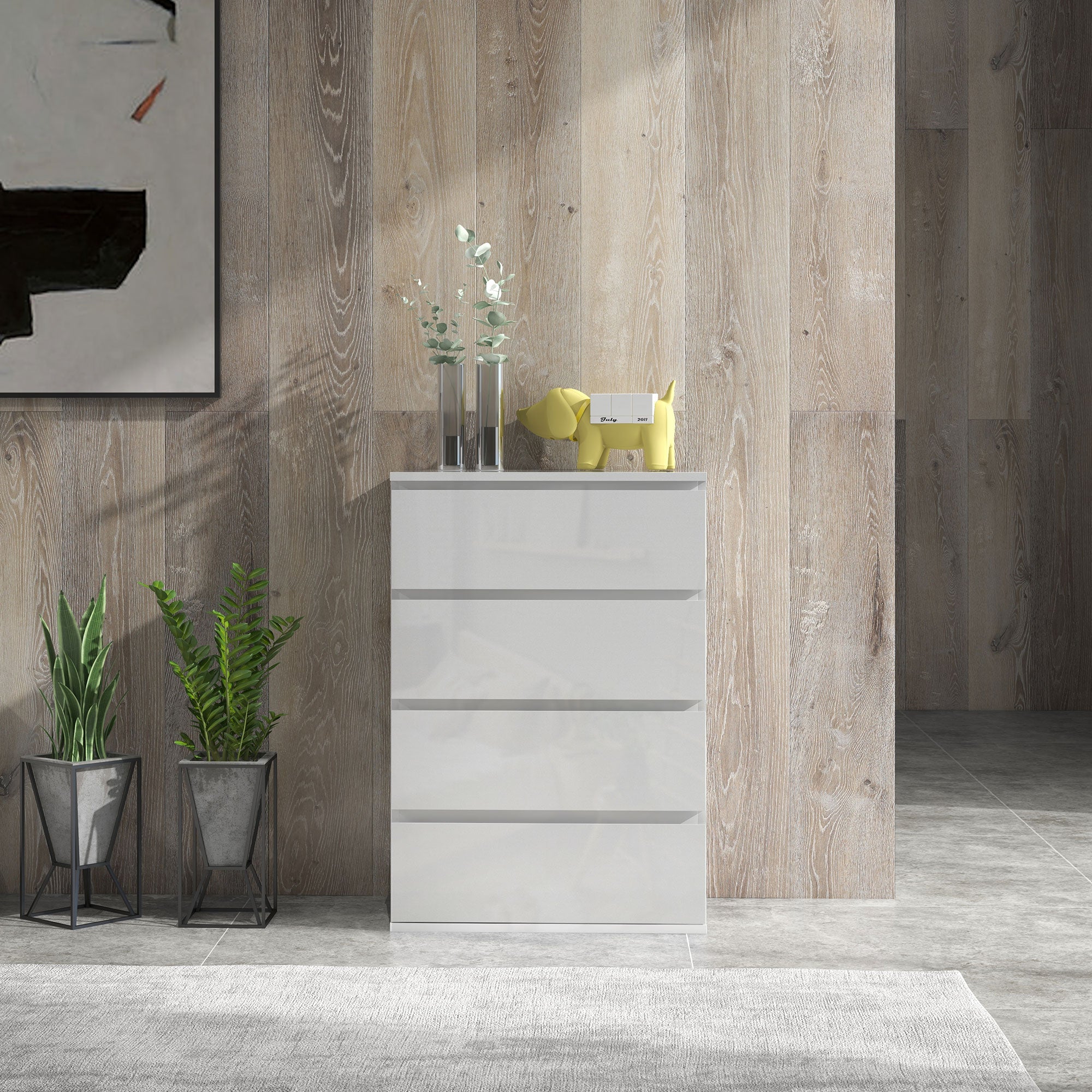 HOMCOM High Gloss Chest of Drawers, 4 Drawers Dresser, Modern Storage Drawer Unit with Soft Closing Mechanism for Bedroom, White