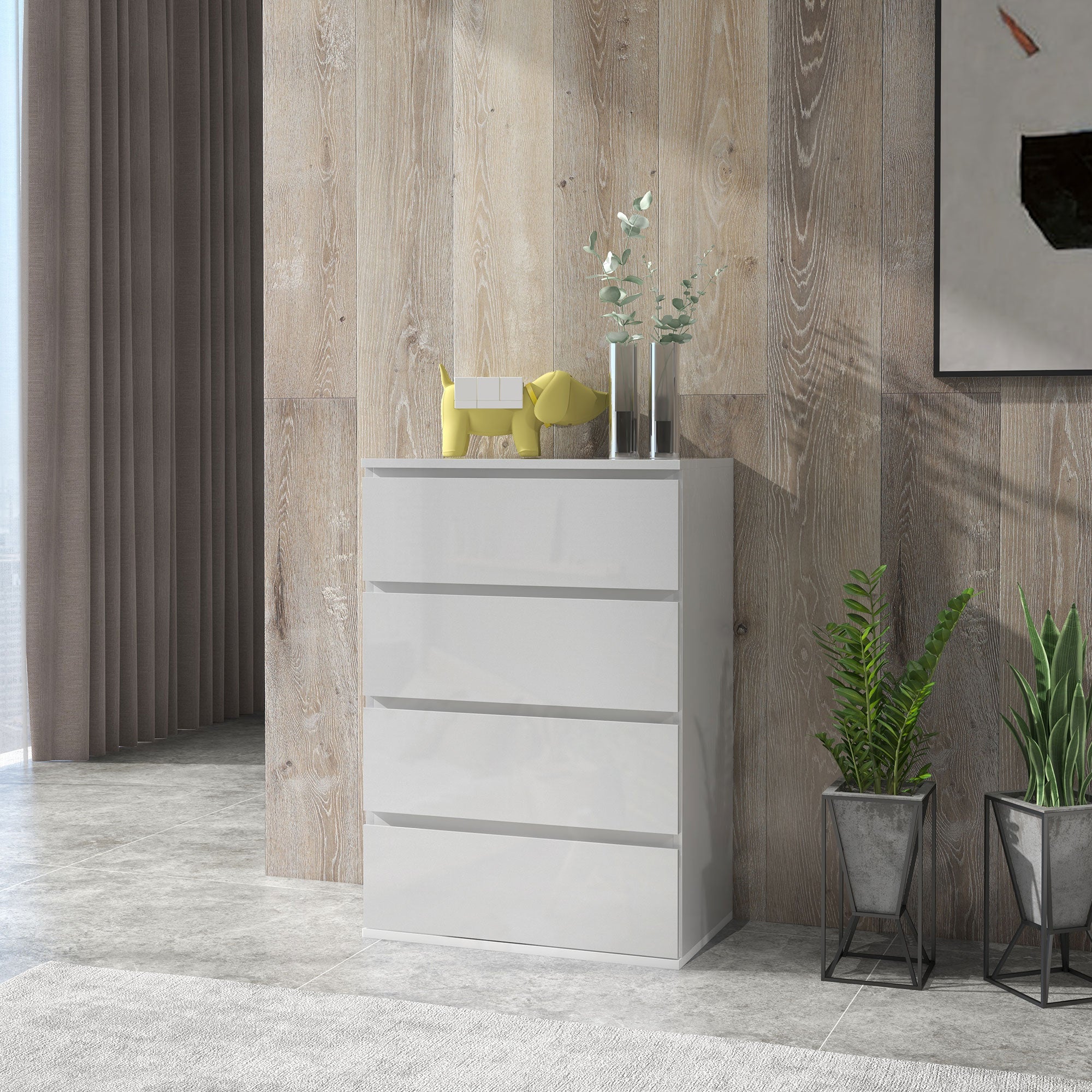 HOMCOM High Gloss Chest of Drawers, 4 Drawers Dresser, Modern Storage Drawer Unit with Soft Closing Mechanism for Bedroom, White