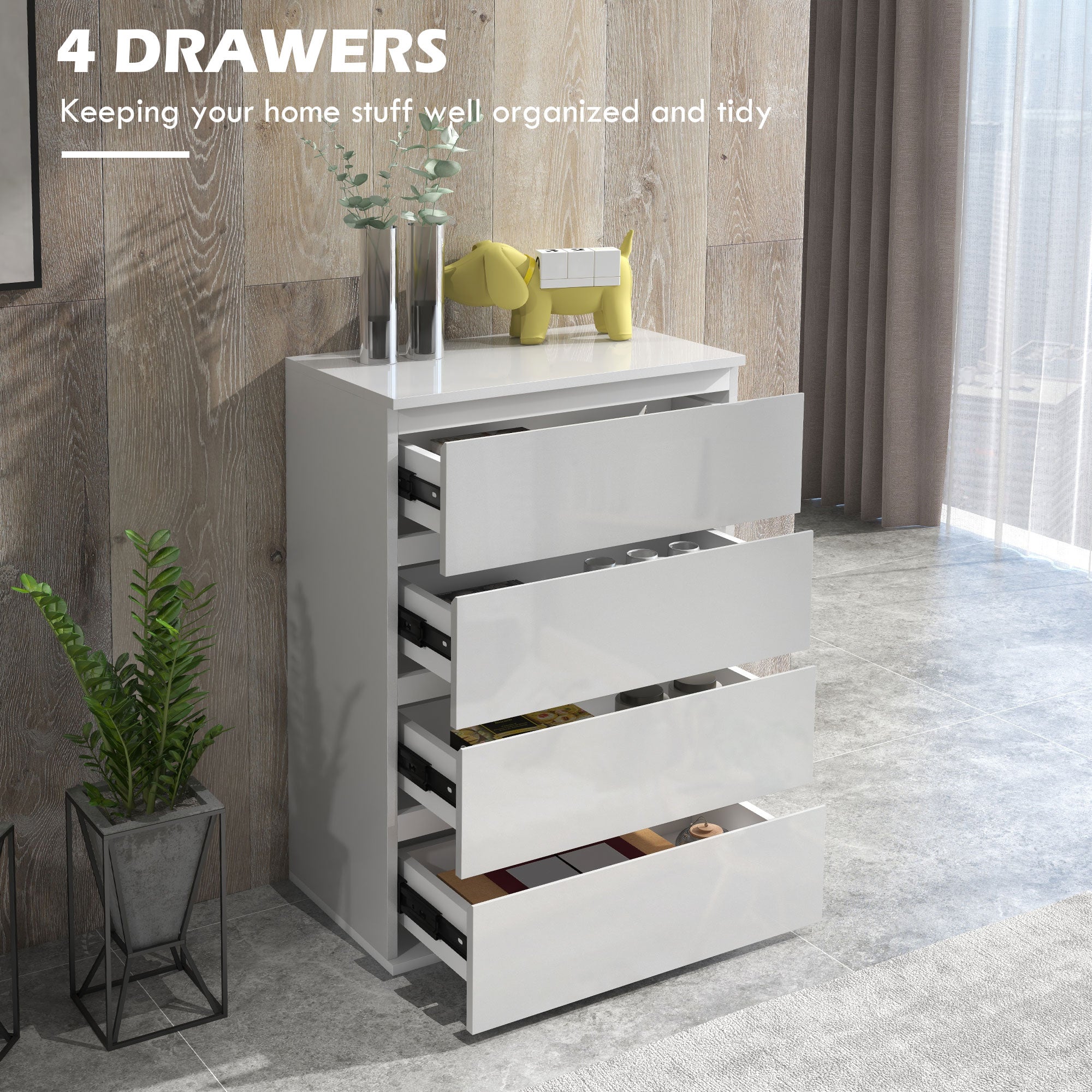 HOMCOM High Gloss Chest of Drawers, 4 Drawers Dresser, Modern Storage Drawer Unit with Soft Closing Mechanism for Bedroom, White