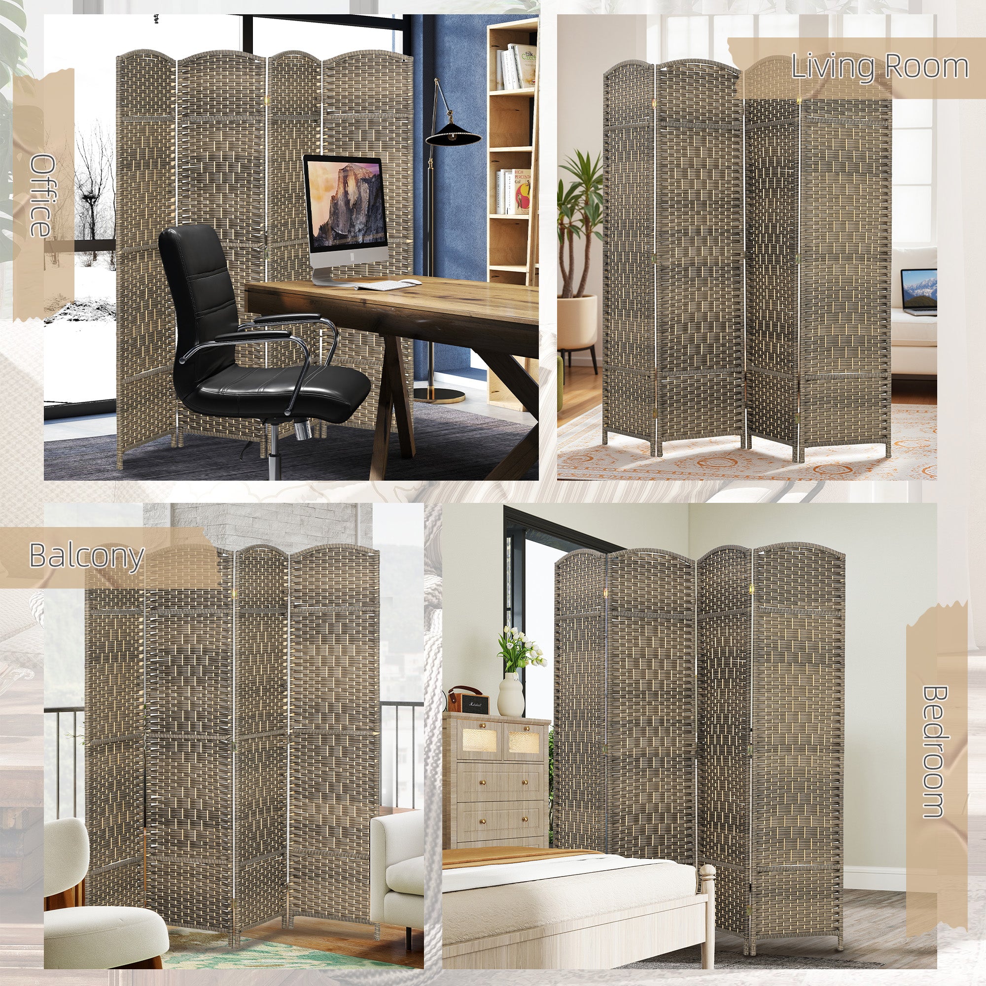 4 Panel Room Divider, 6' Tall Folding Privacy Screen, Hand-Woven Freestanding Wall Partition for Home Office, Bedroom, Dark Rustic Oak