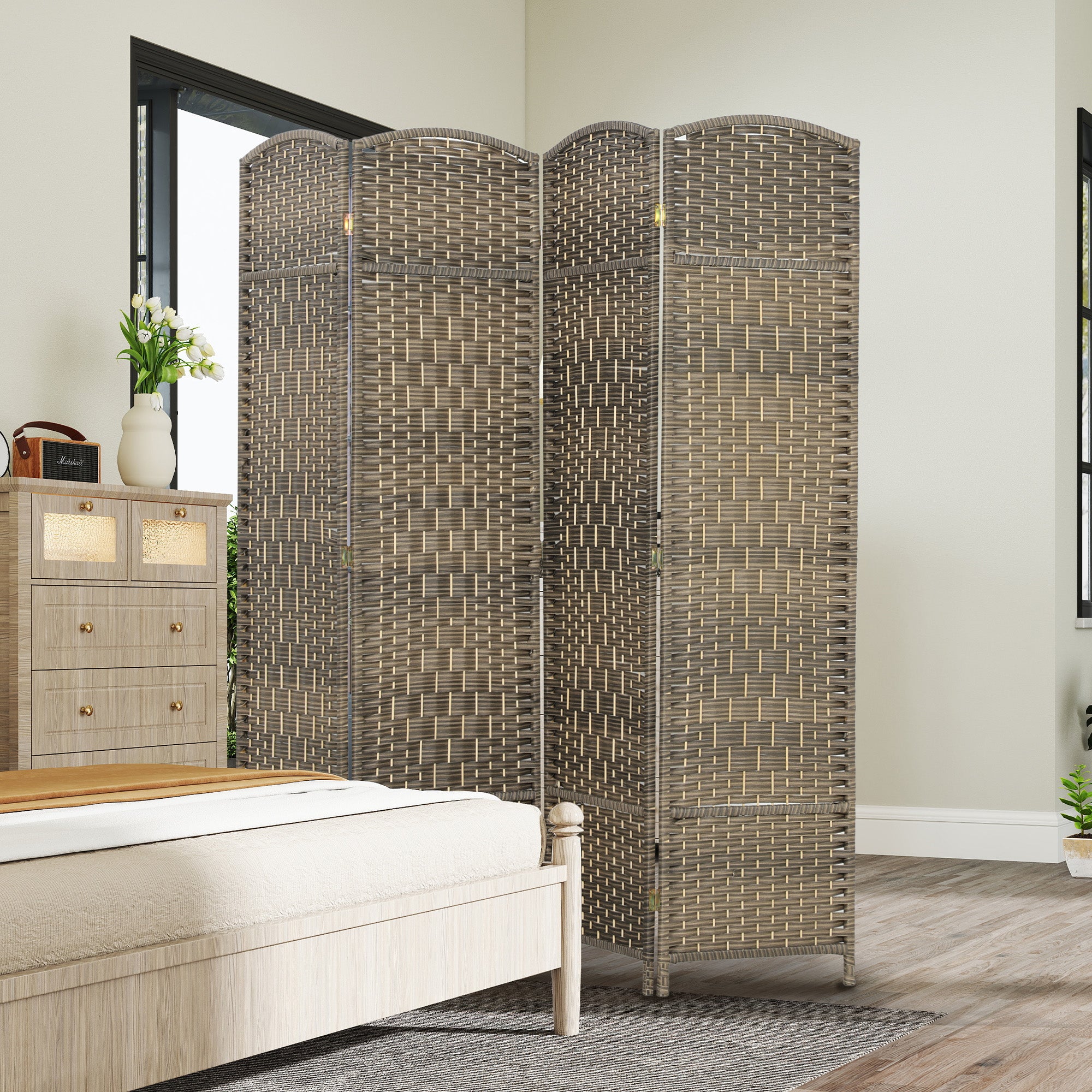 4 Panel Room Divider, 6' Tall Folding Privacy Screen, Hand-Woven Freestanding Wall Partition for Home Office, Bedroom, Dark Rustic Oak
