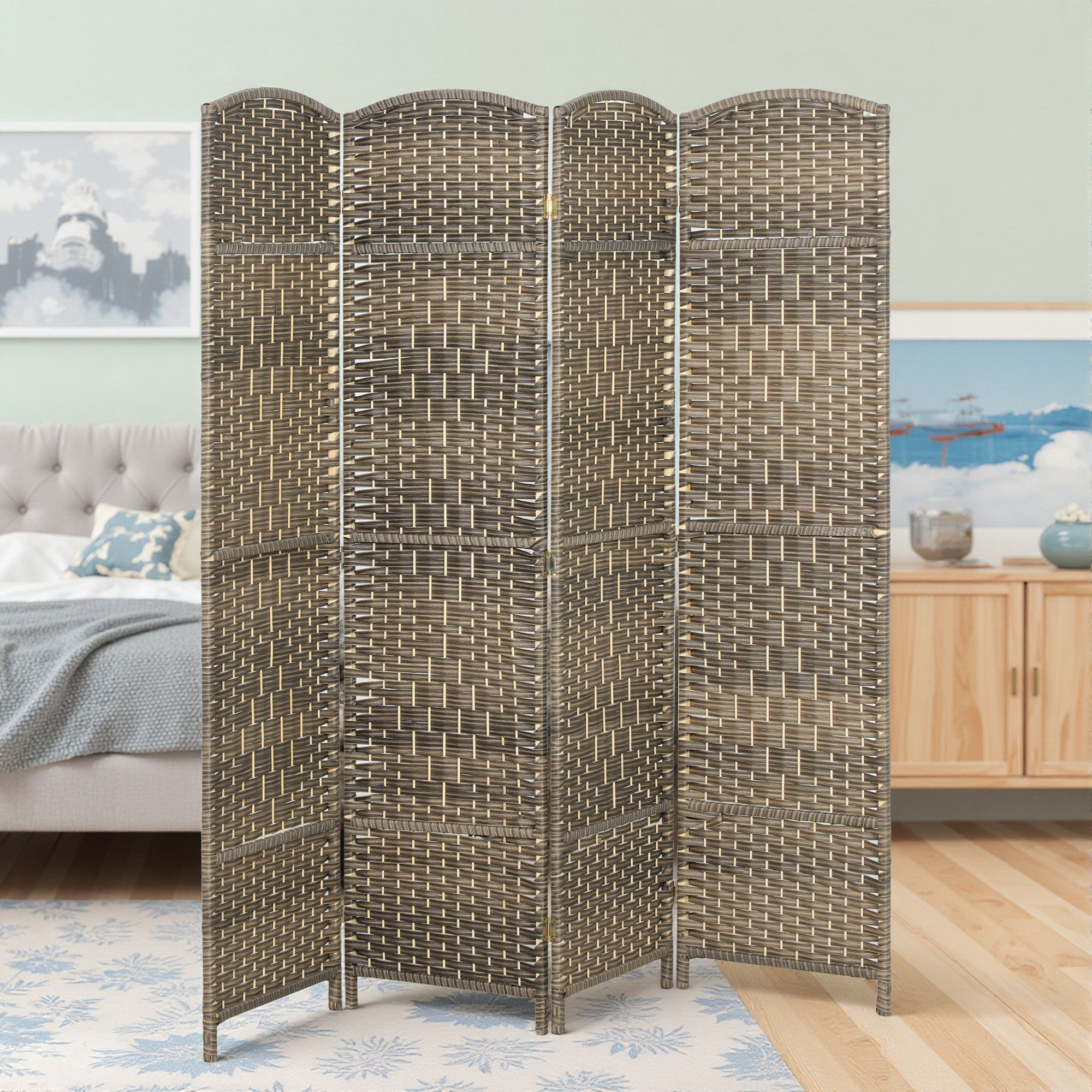 4 Panel Room Divider, 6' Tall Folding Privacy Screen, Hand-Woven Freestanding Wall Partition for Home Office, Bedroom, Dark Rustic Oak