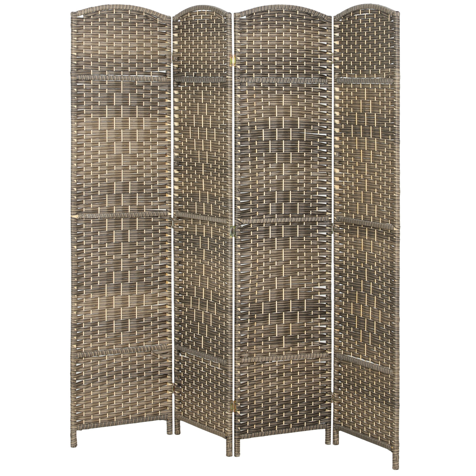 4 Panel Room Divider, 6' Tall Folding Privacy Screen, Hand-Woven Freestanding Wall Partition for Home Office, Bedroom, Dark Rustic Oak