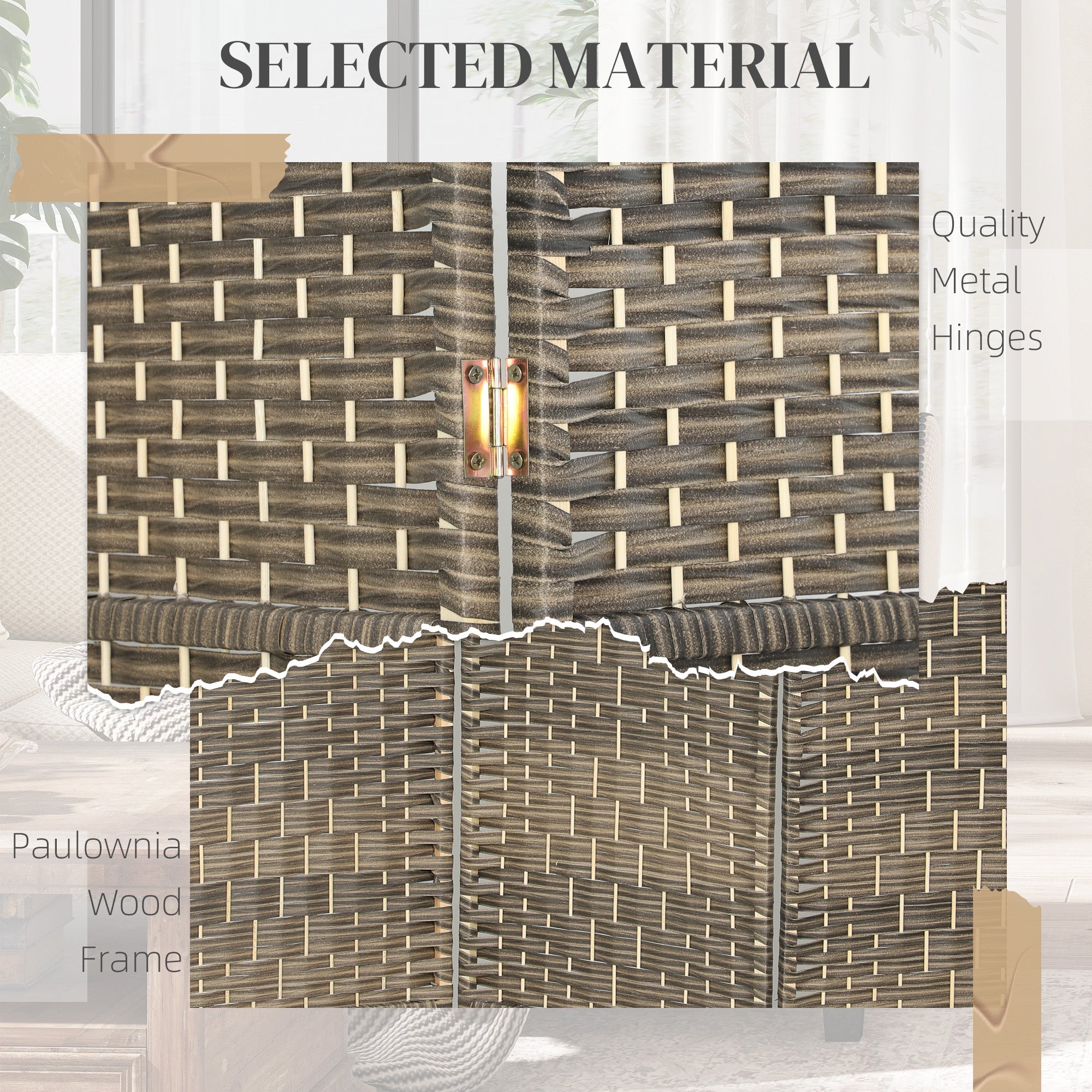 4 Panel Room Divider, 6' Tall Folding Privacy Screen, Hand-Woven Freestanding Wall Partition for Home Office, Bedroom, Dark Rustic Oak