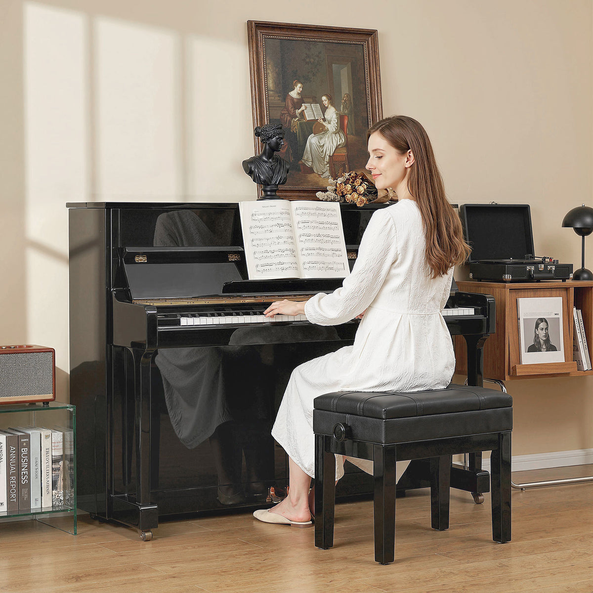 24.8" Adjustable Piano Bench with Padded Cushion and Storage, Faux Leather Keyboard Bench with Solid Wood Legs, Black