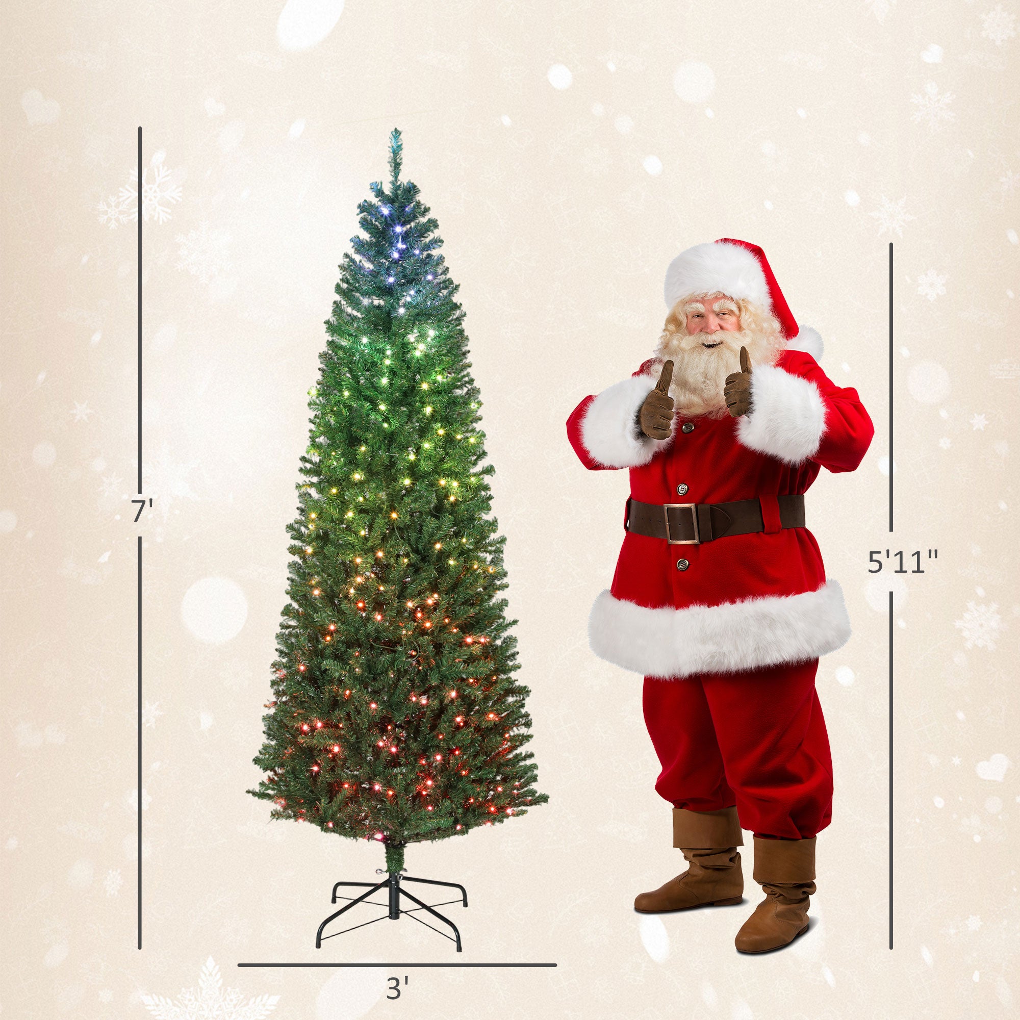 7ft Prelit Christmas Tree with Colorful DIY Synchronized LED Lights and Remote, Slim Fir, Hinged Xmas Tree with Dense Tips, 12 Modes, Daily Timer, Adjustable Brightness and Speed, Green