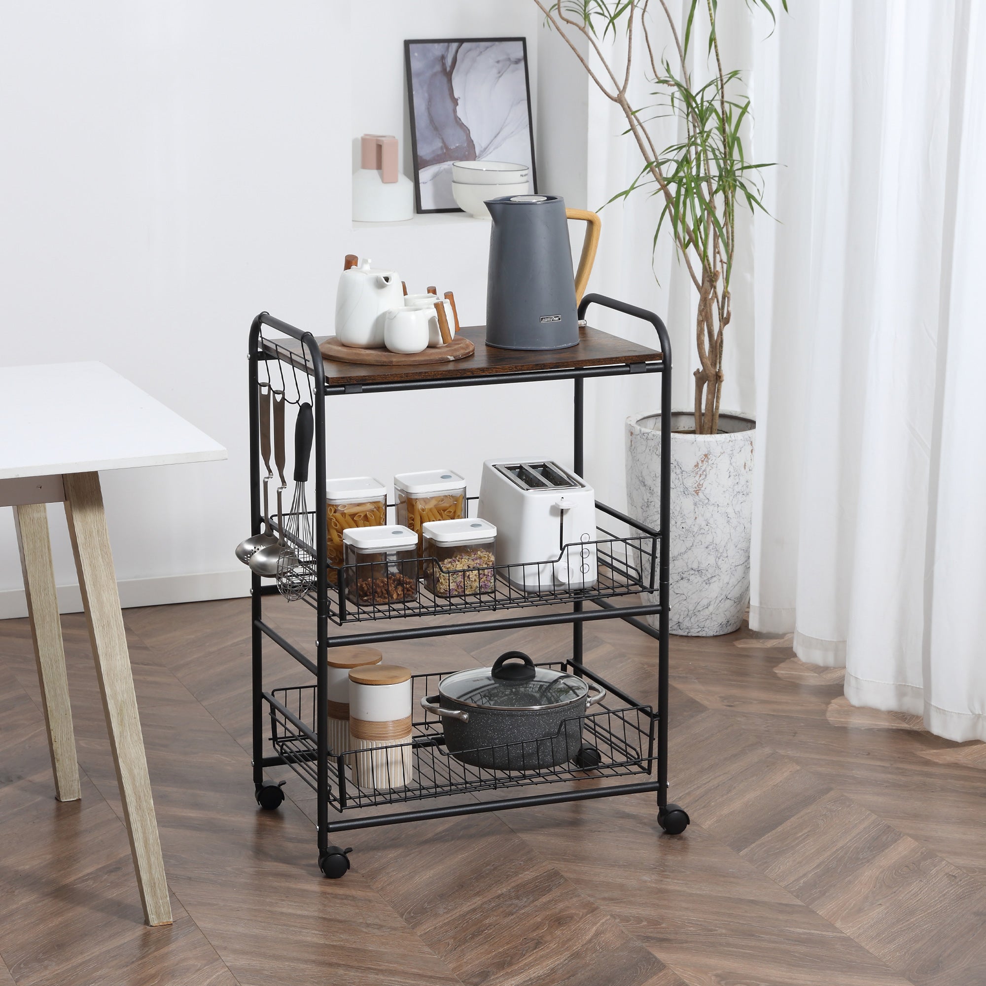 3 Tier Rolling Kitchen Cart with Storage Kitchen Island Cart on Wheels with 2 Sliding Baskets Brown