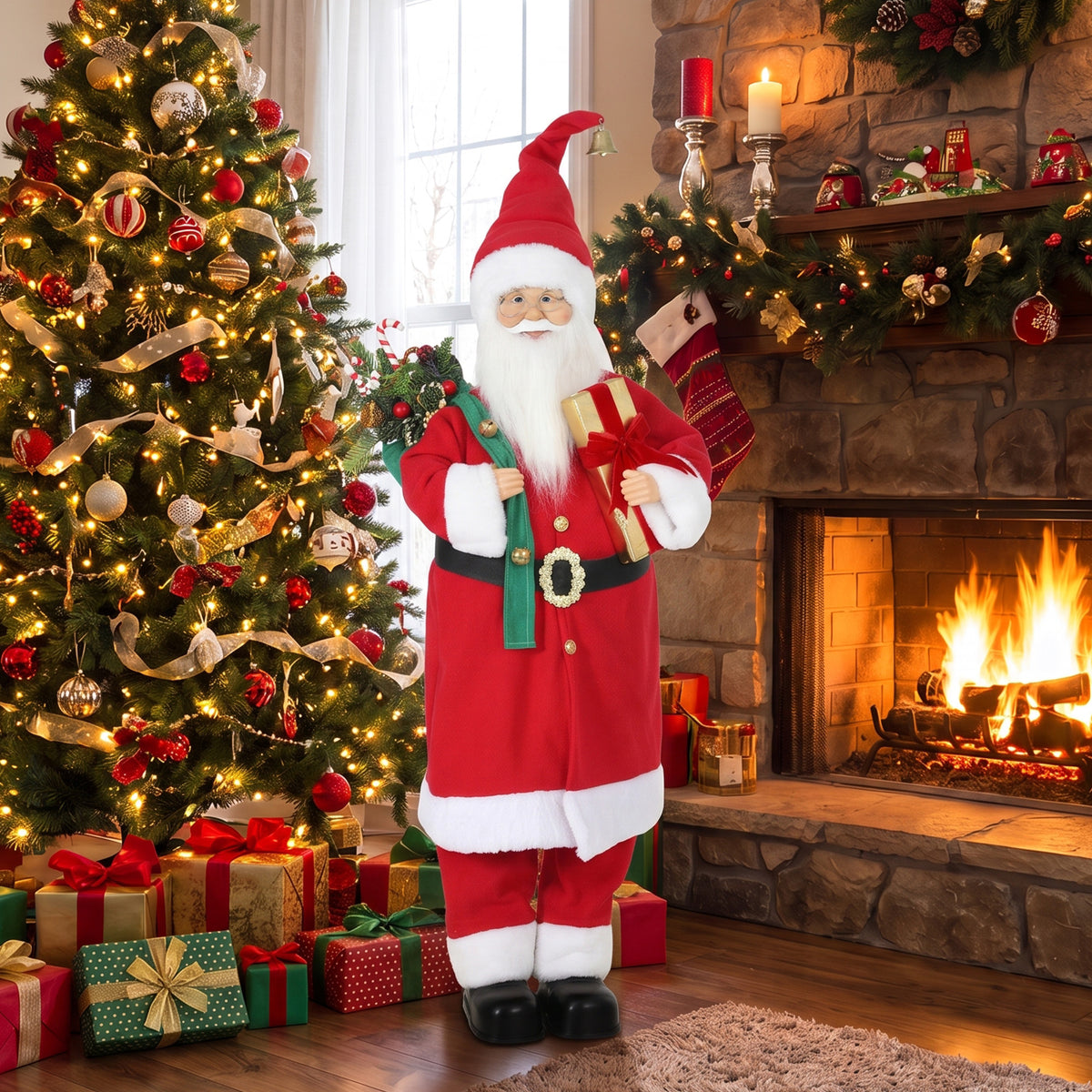 4ft Life Size Singing Dancing Santa Claus, 120 cm Standing Musical Animated Santa with Gift and Sack, Handcrafted, Sound Touch Activated, Moving Christmas Figure Decoration