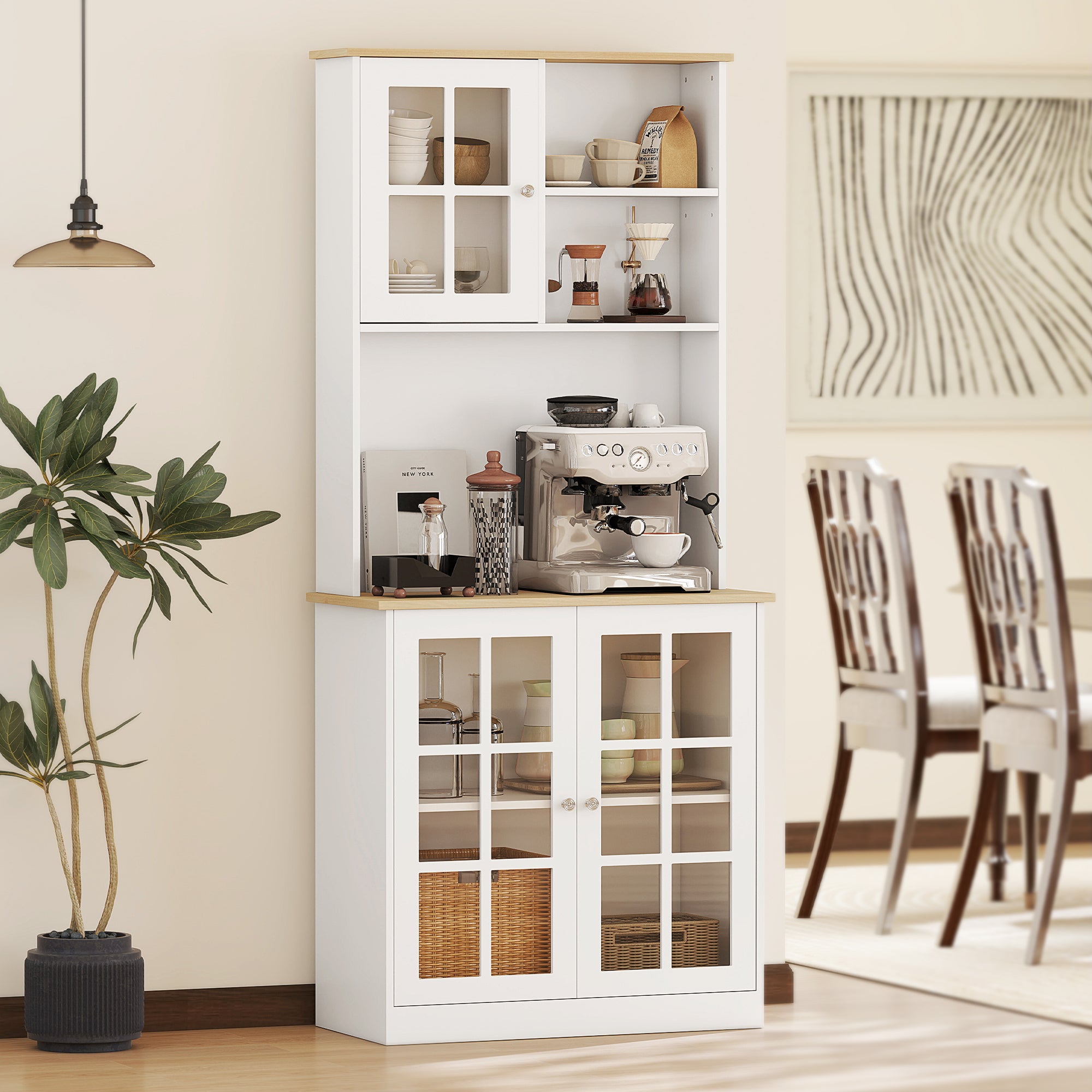 Freestanding Kitchen Cupboard, Storage Cabinet with Doors and Adjustable Shelves, Counter Top, Grid Glass Doors, 80L x 37W x 183H cm - White