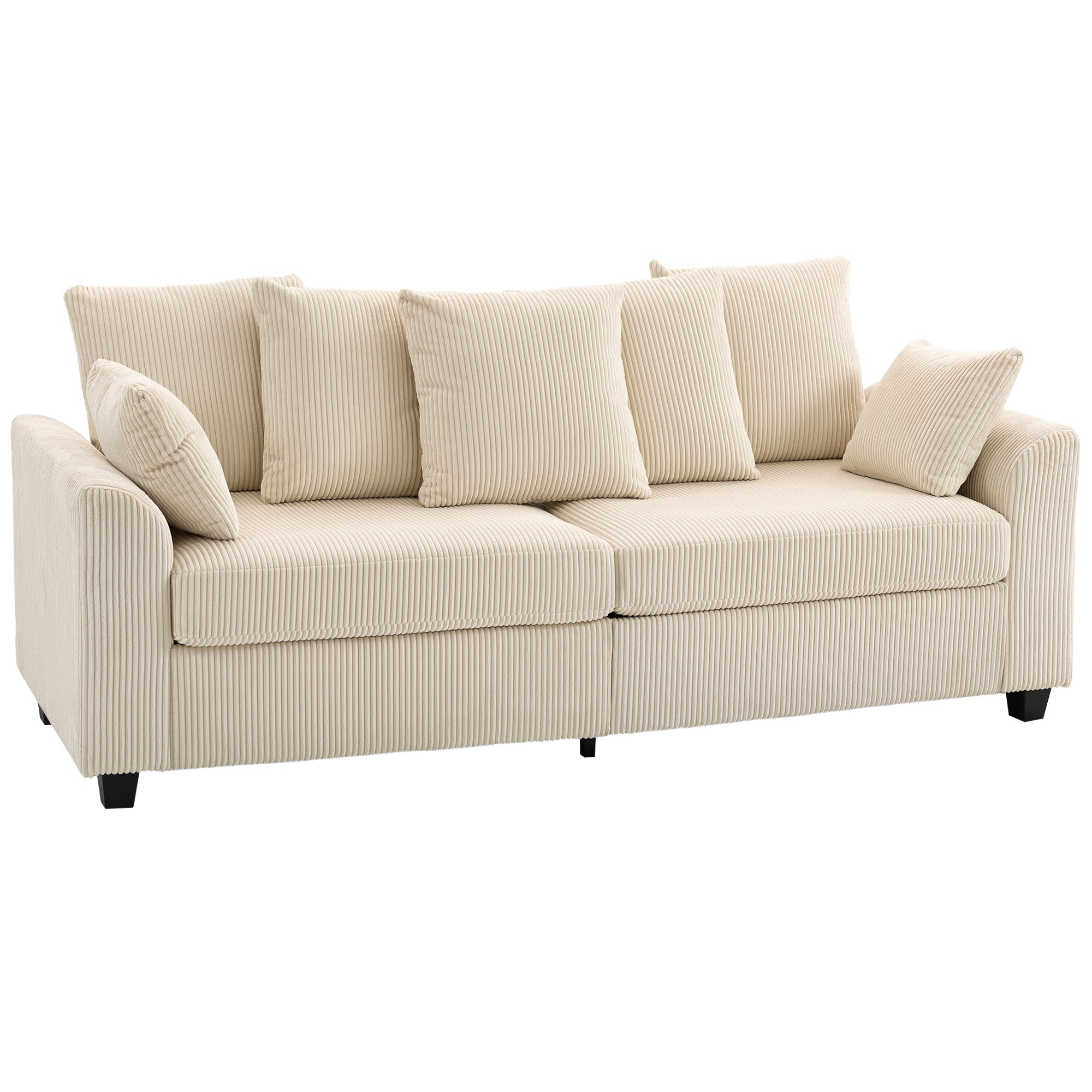 3 Seater Sofa with Curved Armrests, 83" Modern Upholstered Corduroy Couch with 8 Removable Pillows and Thick Padded for Living Room, Bedroom, Home Office, Beige