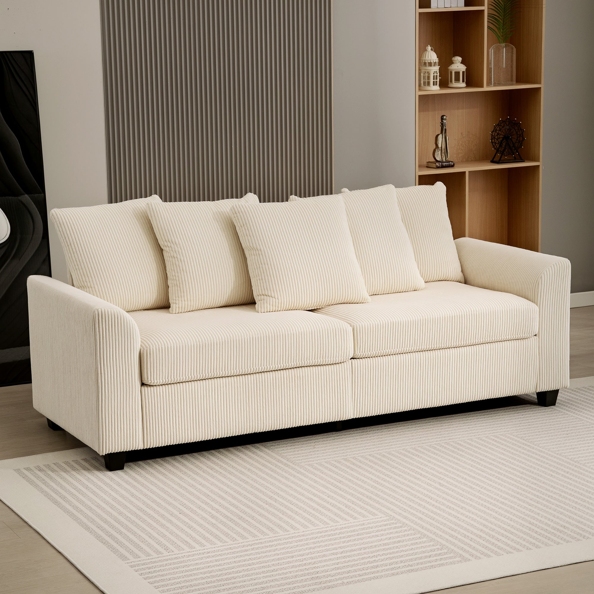 3 Seater Sofa with Curved Armrests, 83" Modern Upholstered Corduroy Couch with 8 Removable Pillows and Thick Padded for Living Room, Bedroom, Home Office, Beige