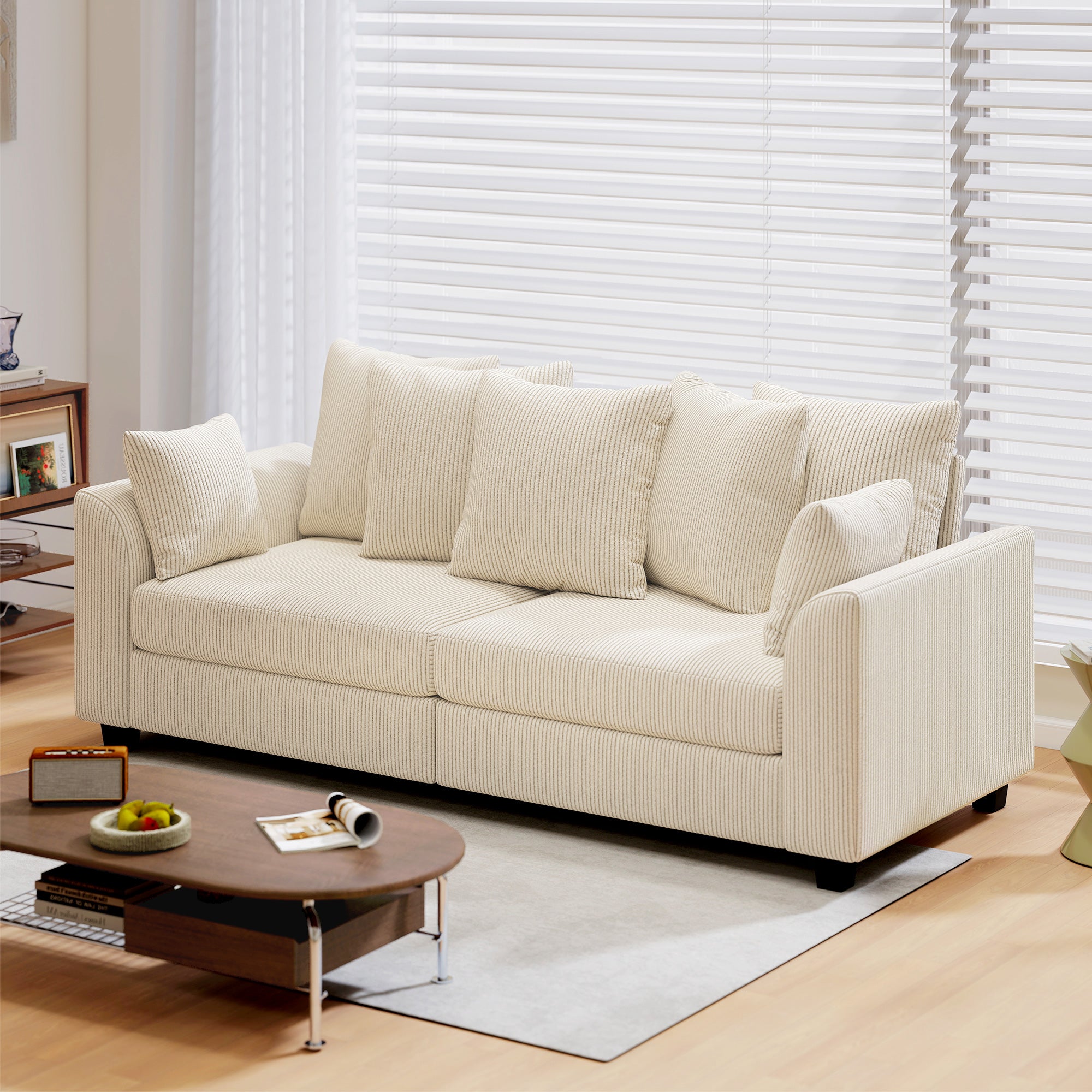 3 Seater Sofa with Curved Armrests, 83" Modern Upholstered Corduroy Couch with 8 Removable Pillows and Thick Padded for Living Room, Bedroom, Home Office, Beige