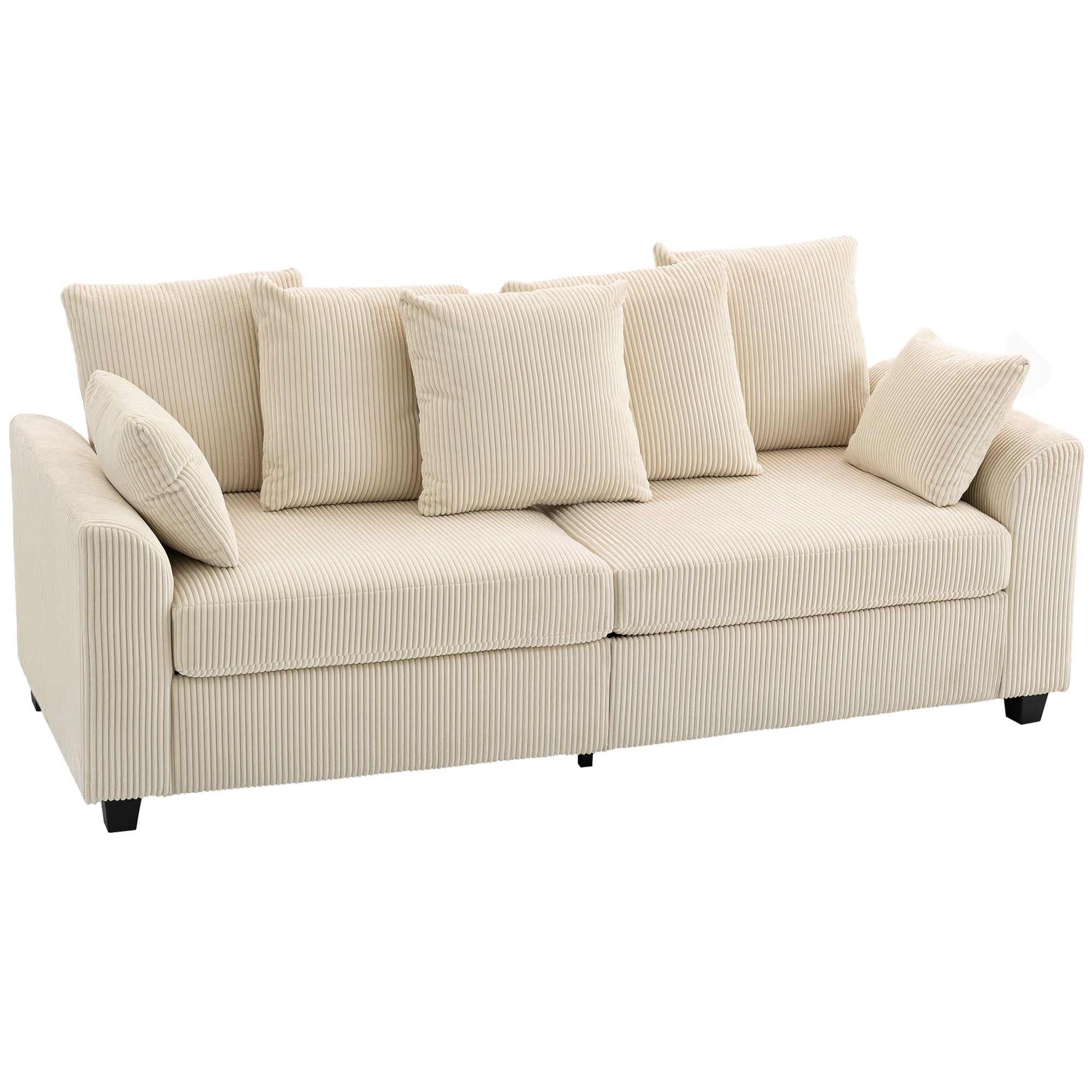 3 Seater Sofa with Curved Armrests, 83" Modern Upholstered Corduroy Couch with 8 Removable Pillows and Thick Padded for Living Room, Bedroom, Home Office, Beige