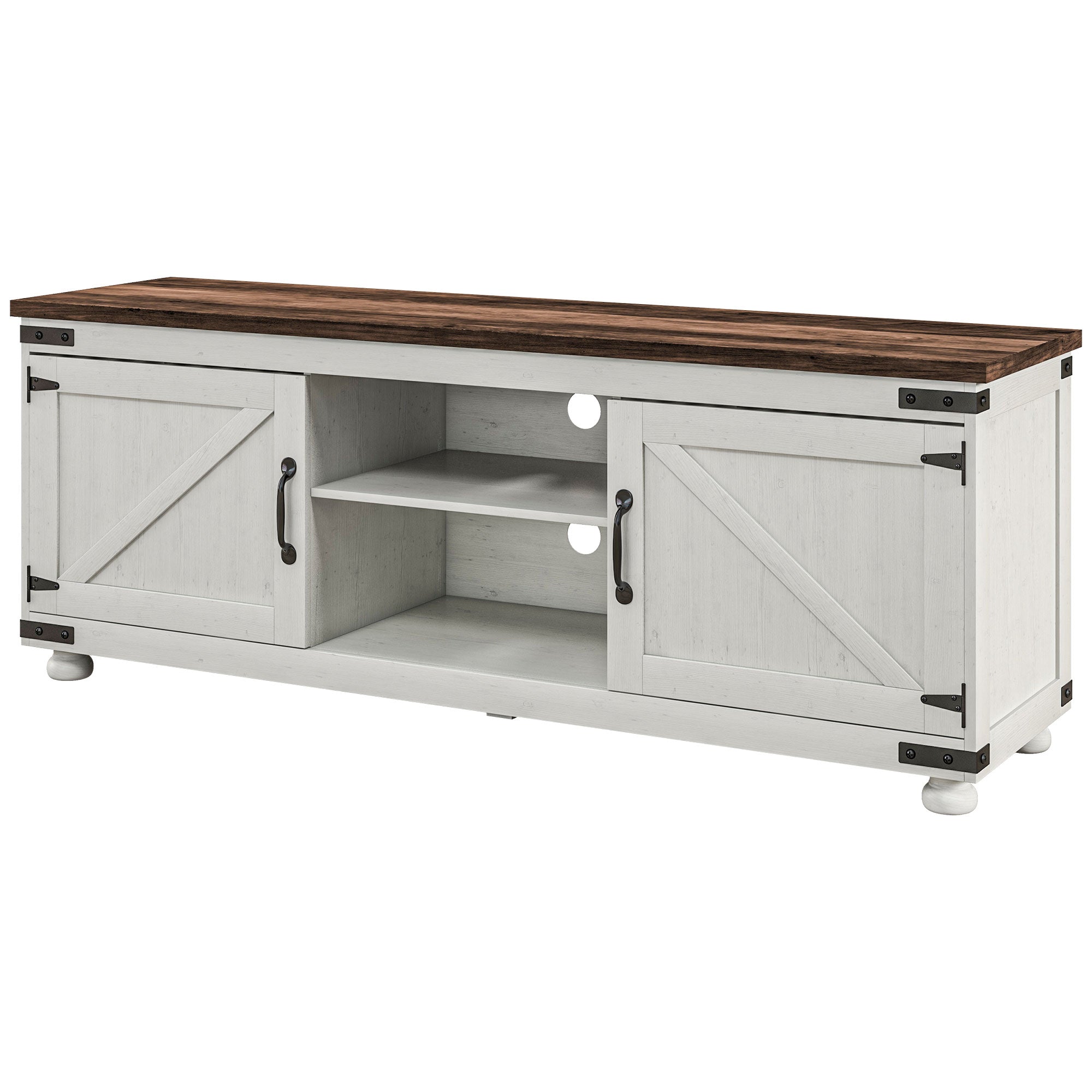 HOMCOM TV Stand for up to 65" TV, Modern Farmhouse Entertainment Center with 2 Cable Holes, TV Console Table with 2 Adjustable Shelves for Living Room, Distressed White
