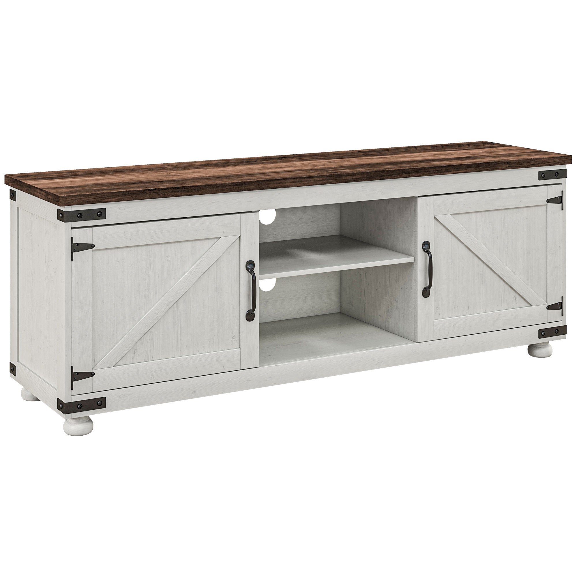 HOMCOM TV Stand for up to 65" TV, Modern Farmhouse Entertainment Center with 2 Cable Holes, TV Console Table with 2 Adjustable Shelves for Living Room, Distressed White