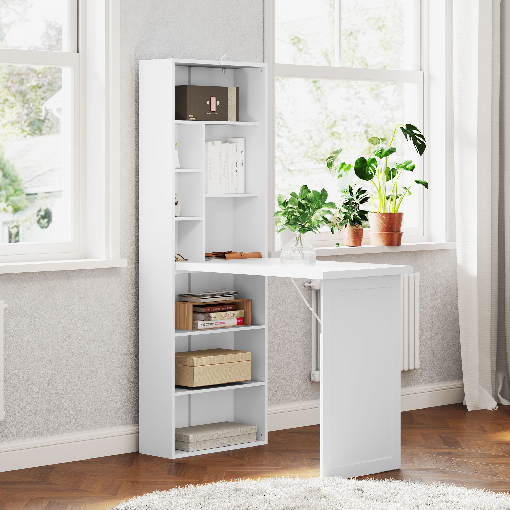 HOMCOM Wall Mounted Computer Desk, Folding Study Table with White Board and Bookshelf, Multifunctional Floating Writing Desk for Home Office, White