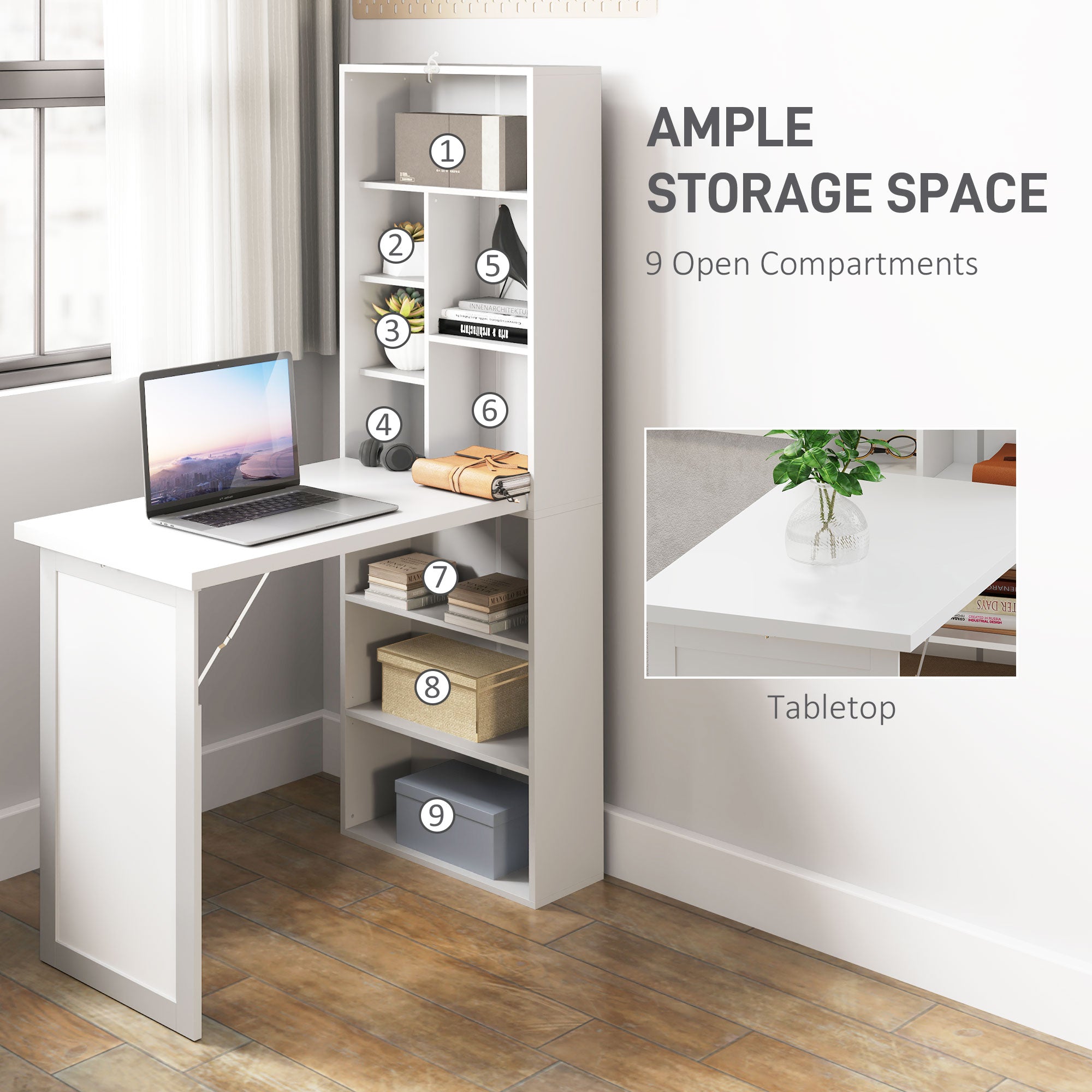HOMCOM Wall Mounted Computer Desk, Folding Study Table with White Board and Bookshelf, Multifunctional Floating Writing Desk for Home Office, White