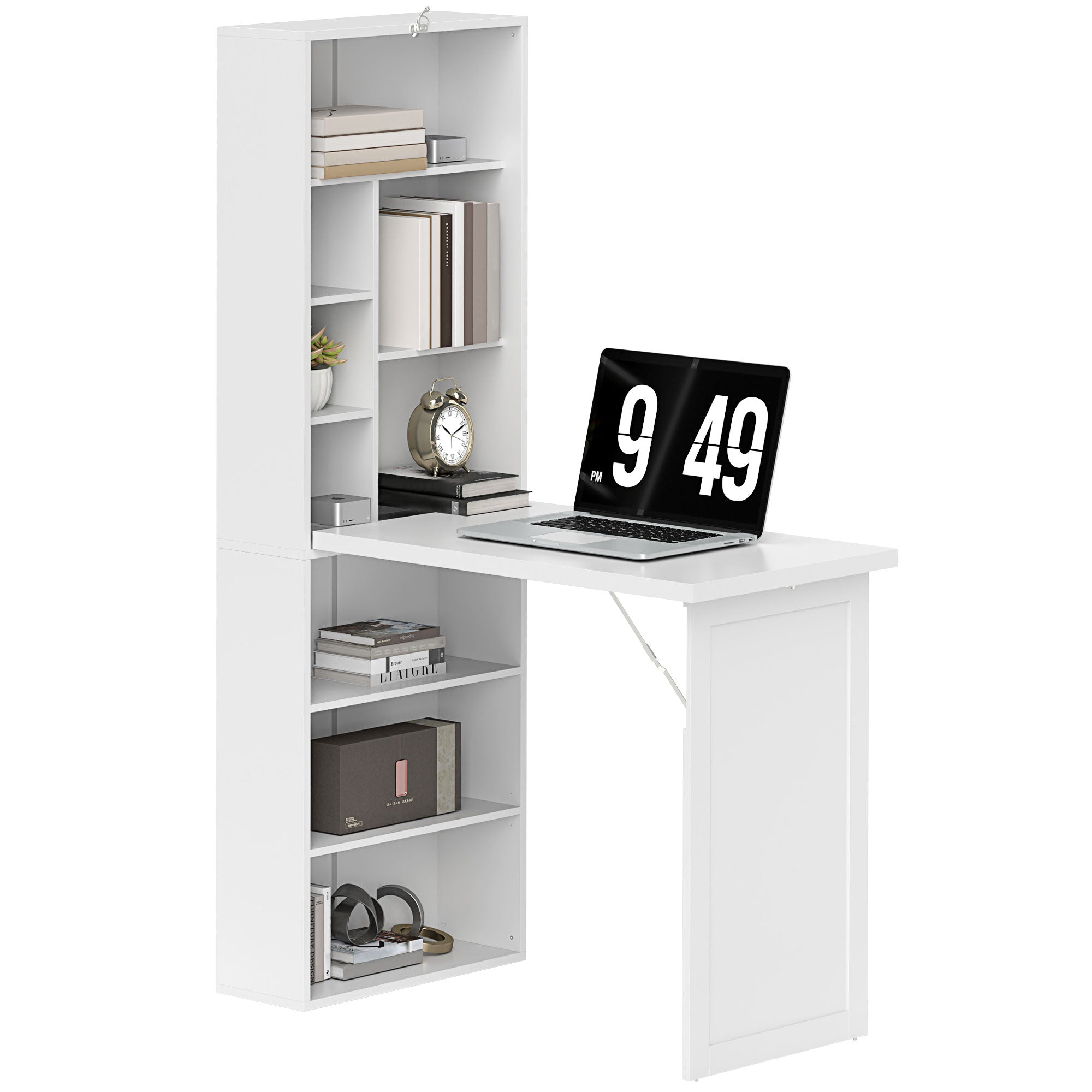 HOMCOM Wall Mounted Computer Desk, Folding Study Table with White Board and Bookshelf, Multifunctional Floating Writing Desk for Home Office, White