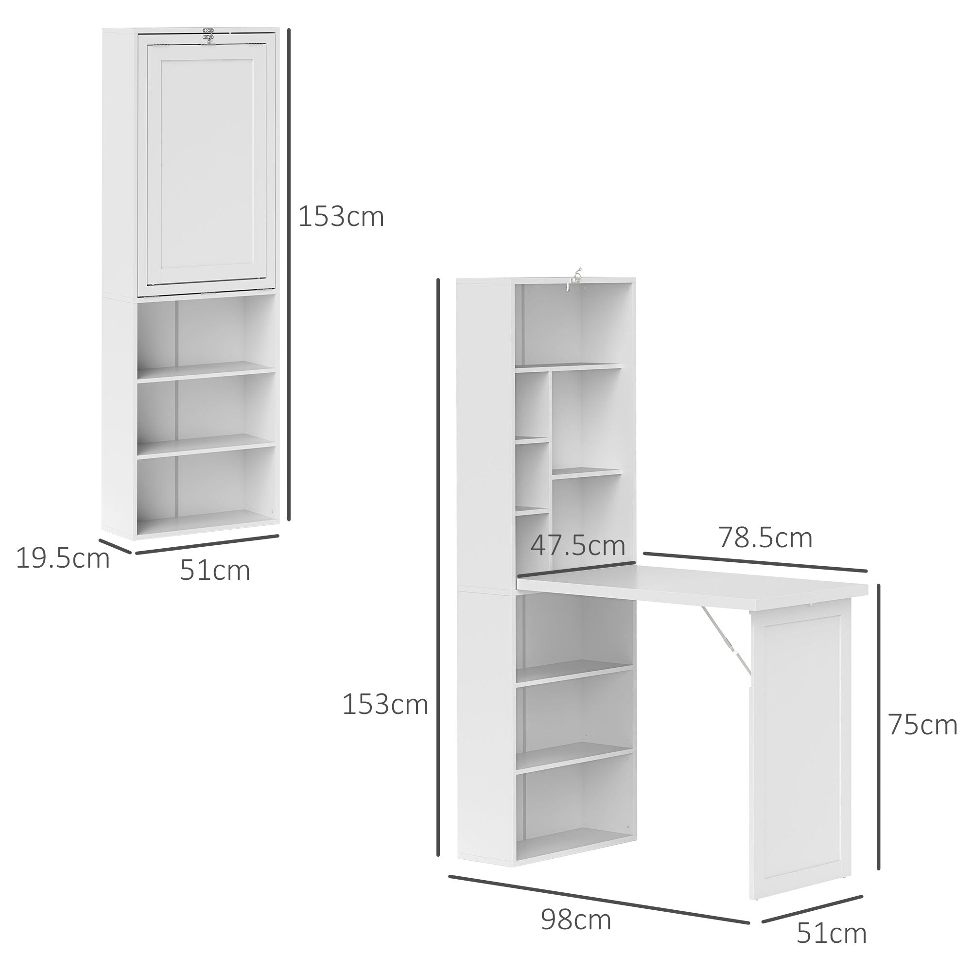 HOMCOM Wall Mounted Computer Desk, Folding Study Table with White Board and Bookshelf, Multifunctional Floating Writing Desk for Home Office, White