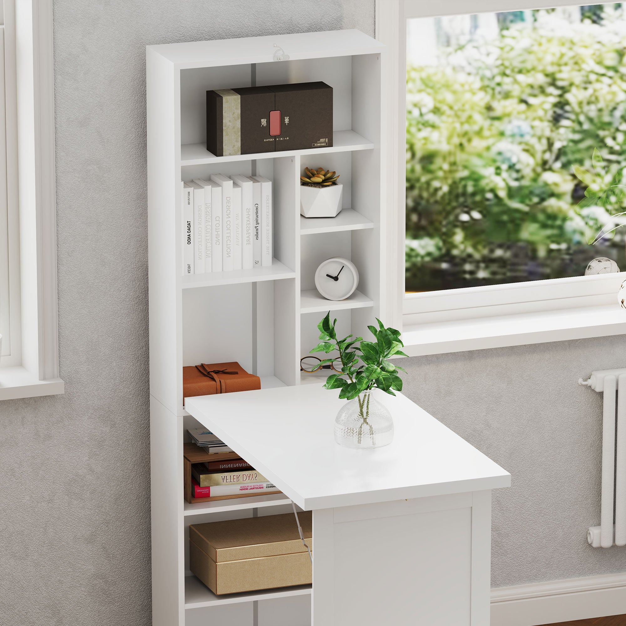 HOMCOM Wall Mounted Computer Desk, Folding Study Table with White Board and Bookshelf, Multifunctional Floating Writing Desk for Home Office, White
