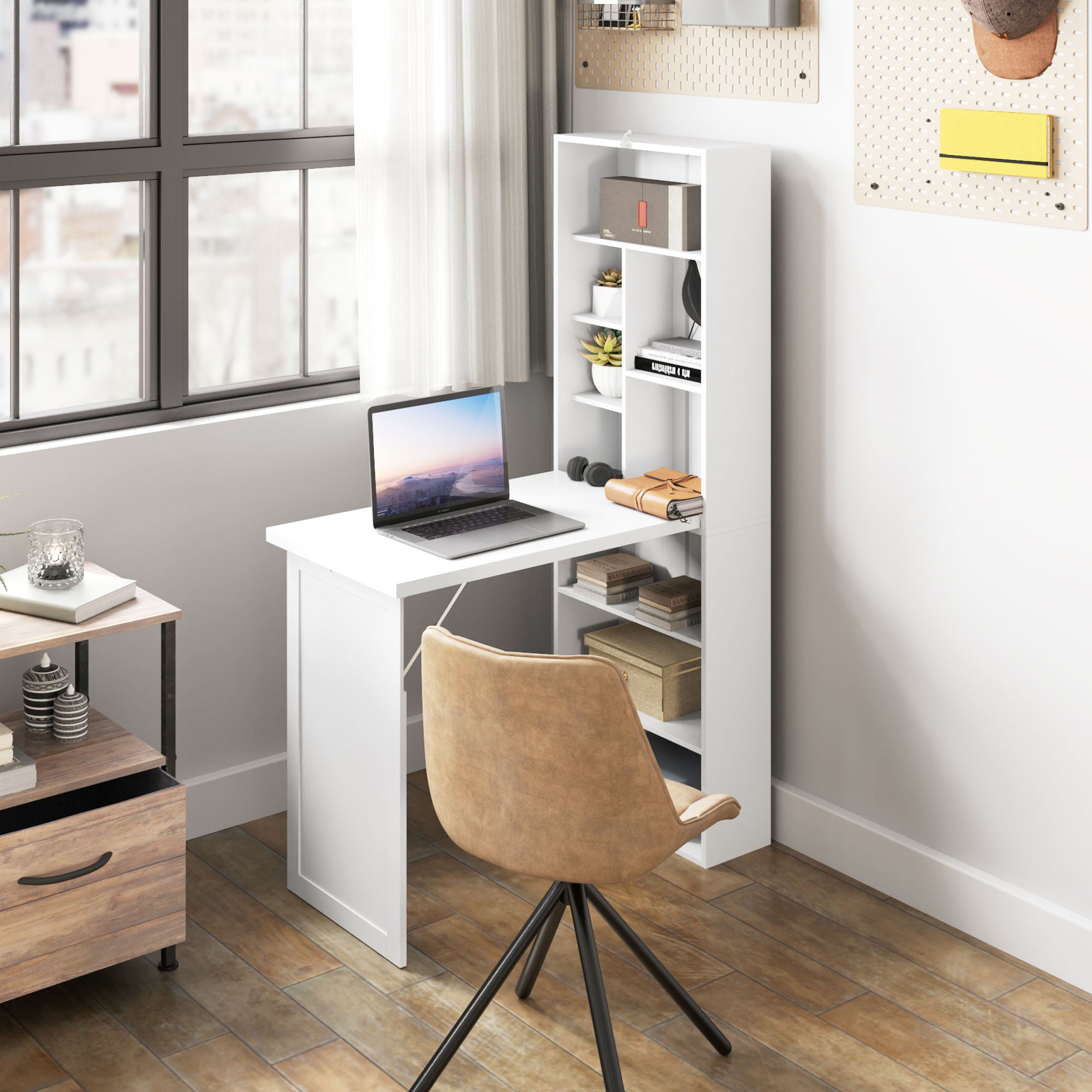 HOMCOM Wall Mounted Computer Desk, Folding Study Table with White Board and Bookshelf, Multifunctional Floating Writing Desk for Home Office, White