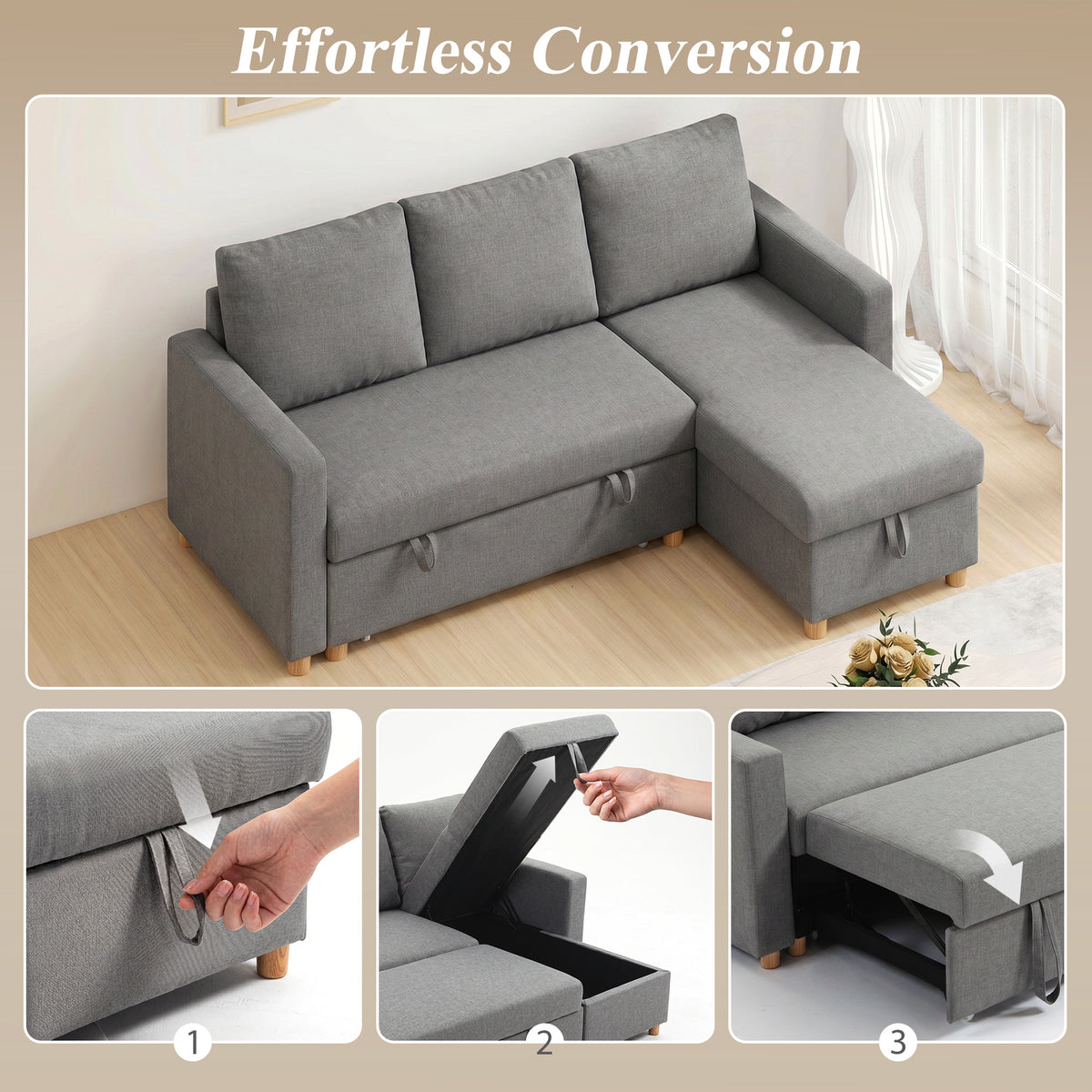 83" Sofa Bed, Convertible Pull Out Sleeper Sofa, Linen L Shaped Sectional Couch with Reversible Storage Chaise, Wide and Deep Seat for Living Room, Apartment, Light Grey