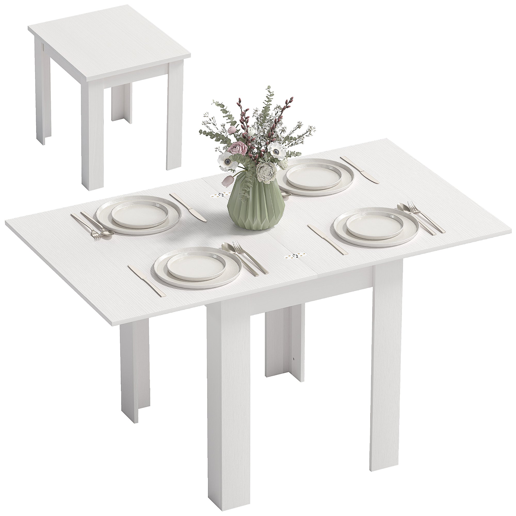 55" Extendable Dining Table for 4-6 Person, Rectangular Modern Kitchen Table with PU Handle and Felt Pads for Small Spaces, White Wood Effect