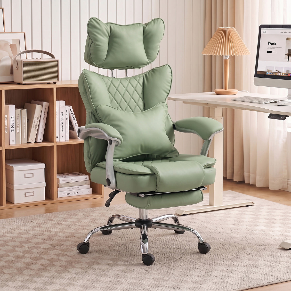 Executive Office Chair, 180kg Big and Tall PU Leather Desk Chair with Adjustable Headrest, Lumbar Support, Wide Seat, Reclining Back, Footrest, Swivel Wheels, Light Green