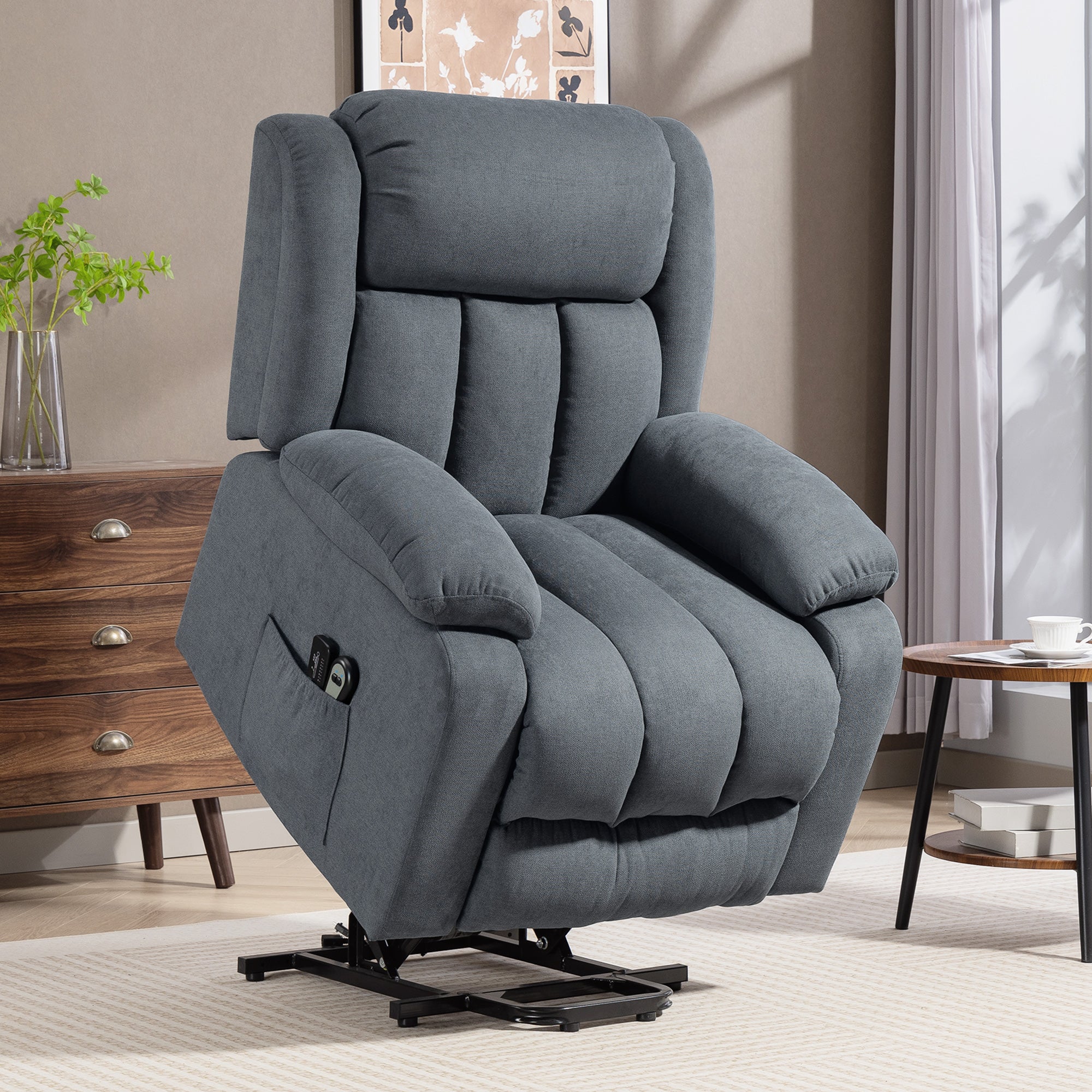 Power Lift Recliner Chair with Massage, Linen Overstuffed Lift Chair for Elderly, Electric Recliner Armchair with Footrest, Remote Control and Side Pocket, for Living Room, Grey
