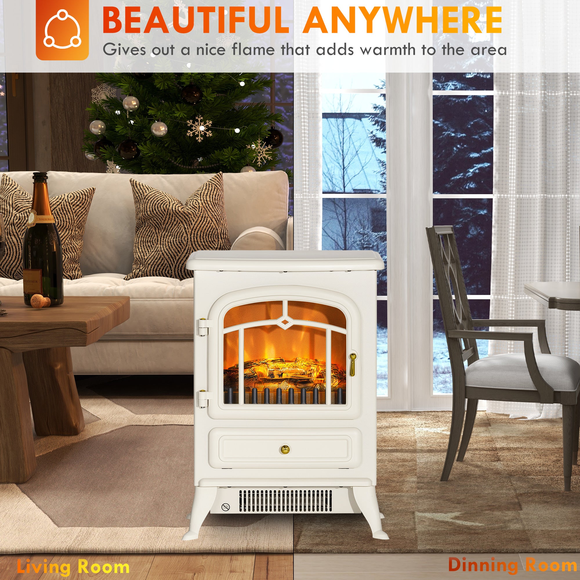 16" Freestanding Electric Fireplace Heater Fire Stove with Wood Burning Flame 750/1500W Beige