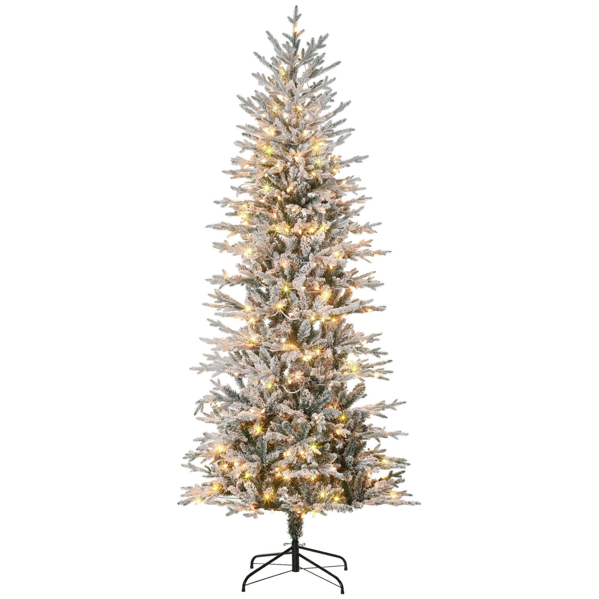 7.5ft Tall Prelit Artificial Christmas Tree Holiday Décor with 850 Snow Flocked Branches, 350 Warm Yellow Clear Lights, Auto Open, Extra Bulb