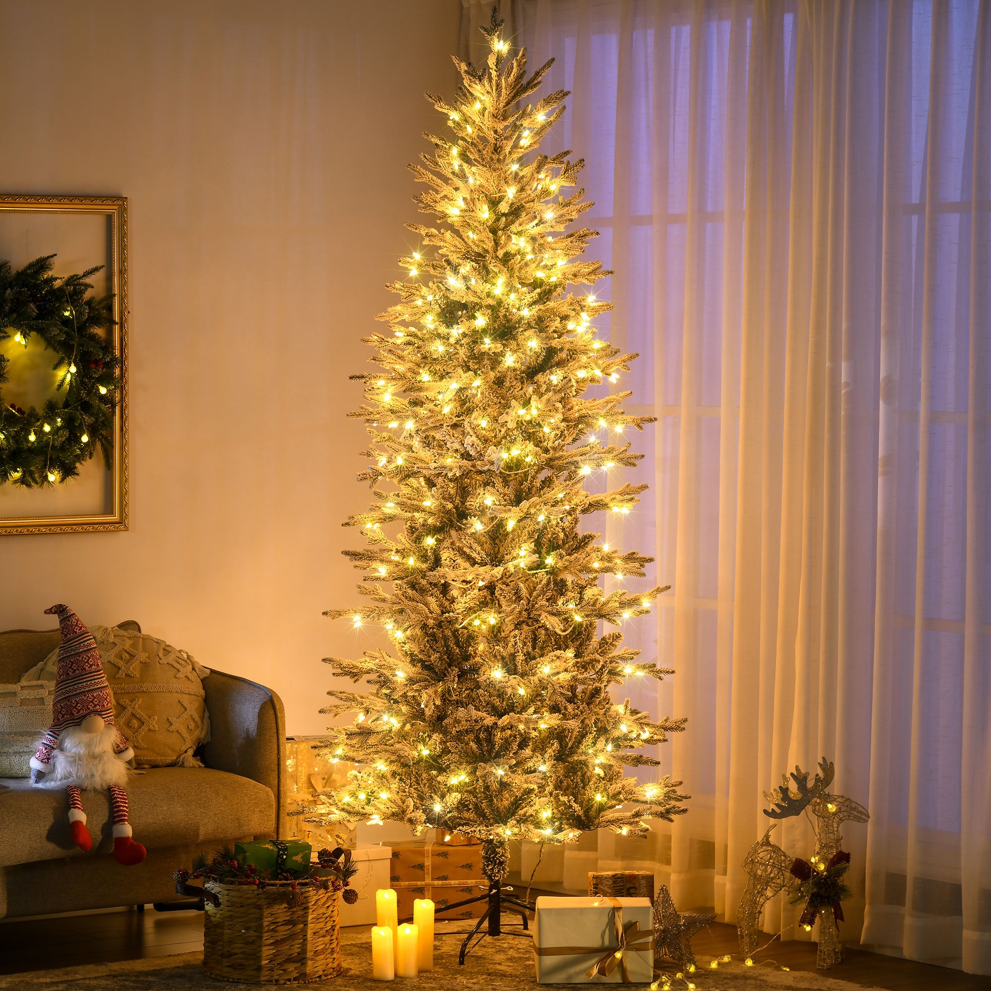 7.5' Pre Lit Artificial Flocked Christmas Trees, with Snow Branches, Warm Yellow Clear Lights, Auto Open, Extra Bulb