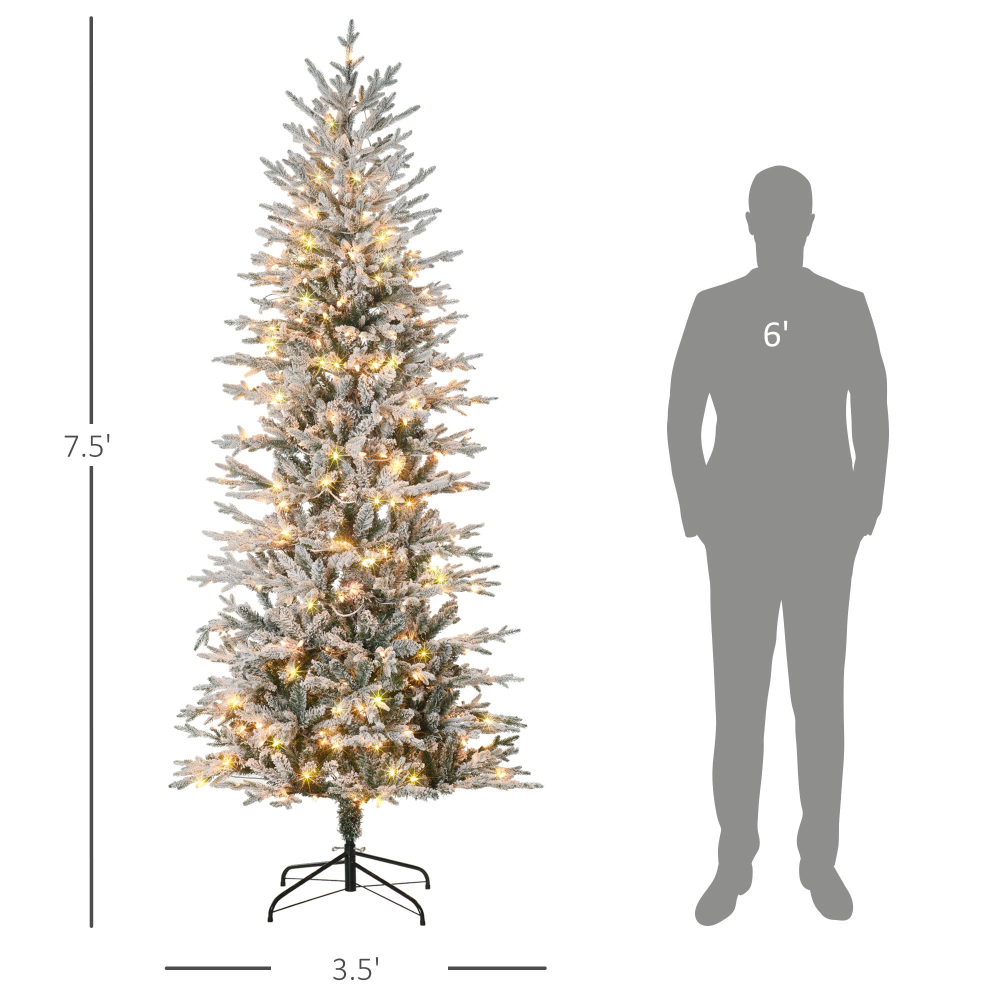 7.5' Pre Lit Artificial Flocked Christmas Trees, with Snow Branches, Warm Yellow Clear Lights, Auto Open, Extra Bulb