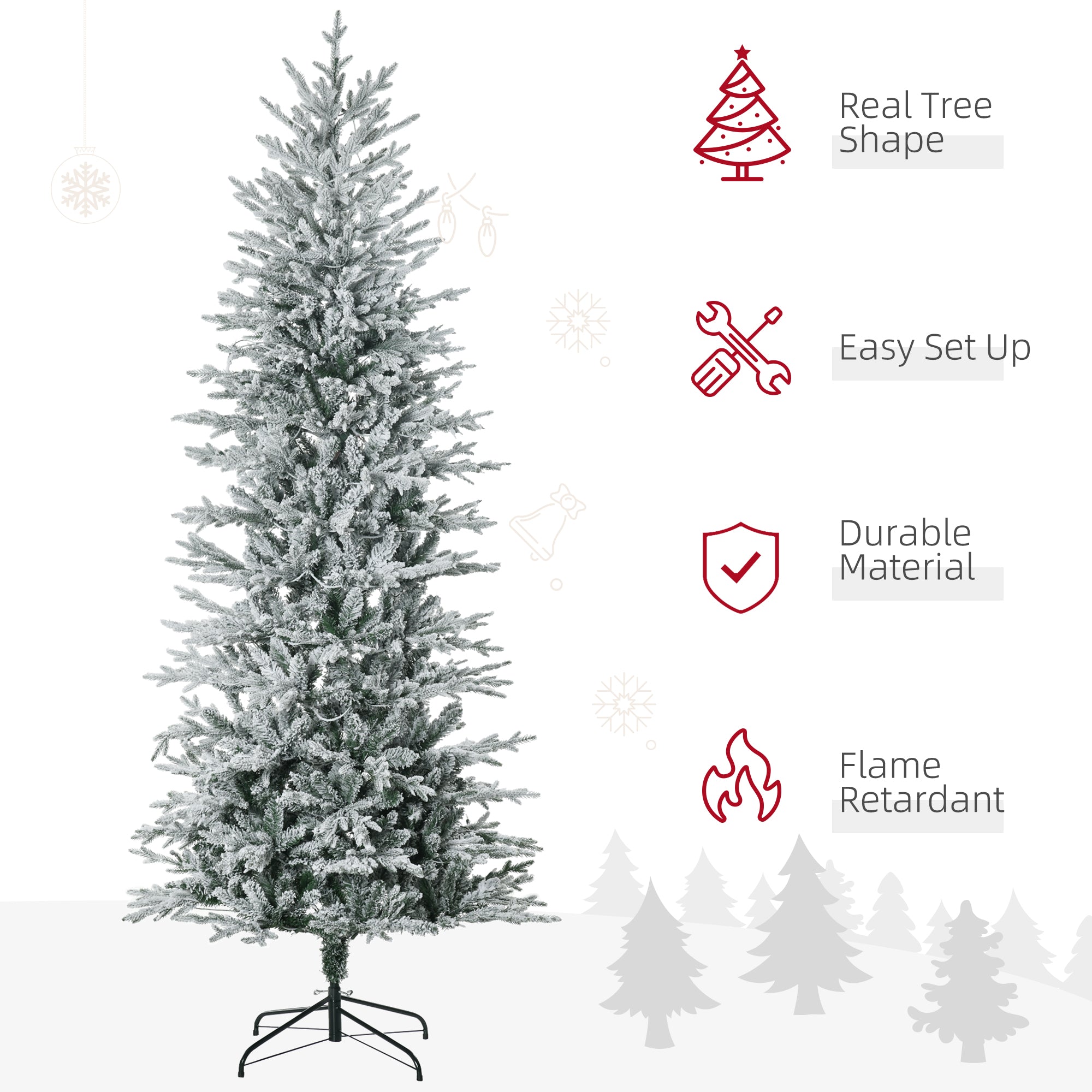 7.5' Pre Lit Artificial Flocked Christmas Trees, with Snow Branches, Warm Yellow Clear Lights, Auto Open, Extra Bulb