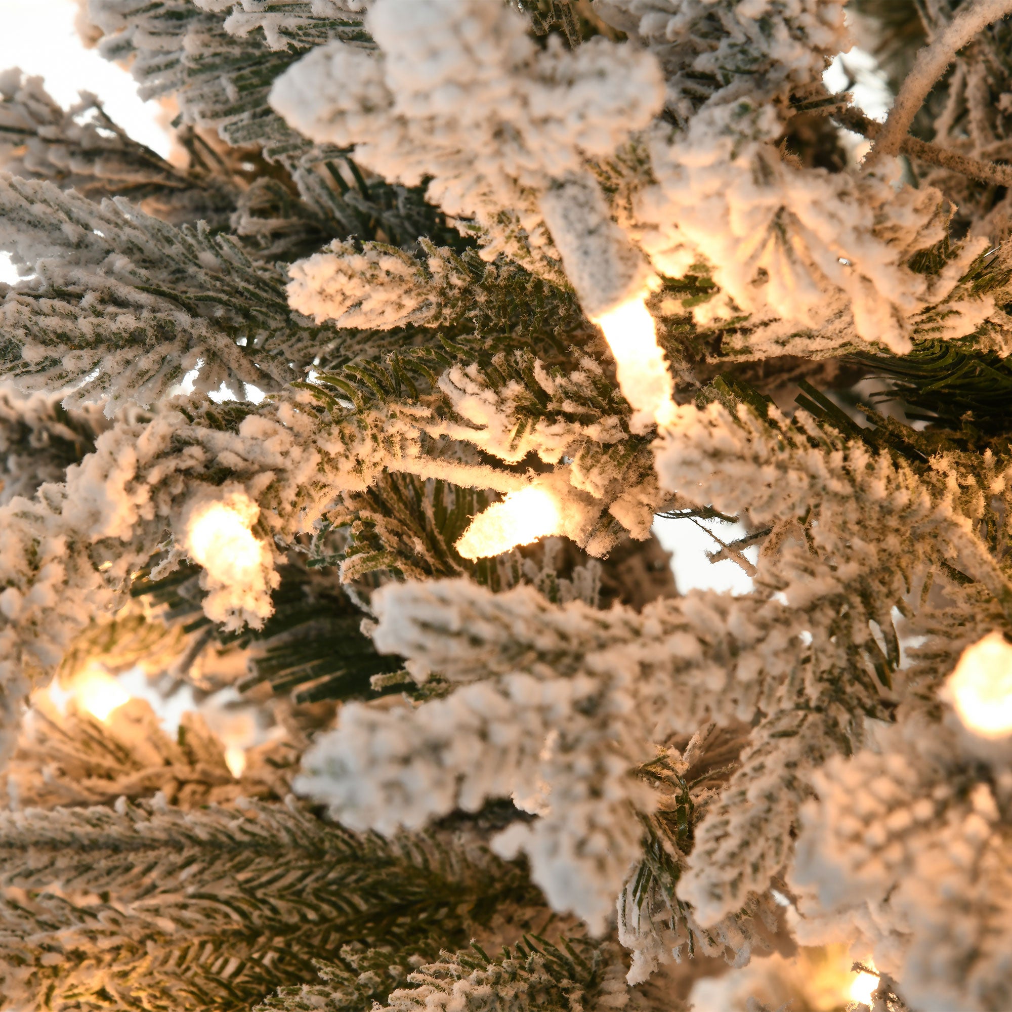 7.5' Pre Lit Artificial Flocked Christmas Trees, with Snow Branches, Warm Yellow Clear Lights, Auto Open, Extra Bulb