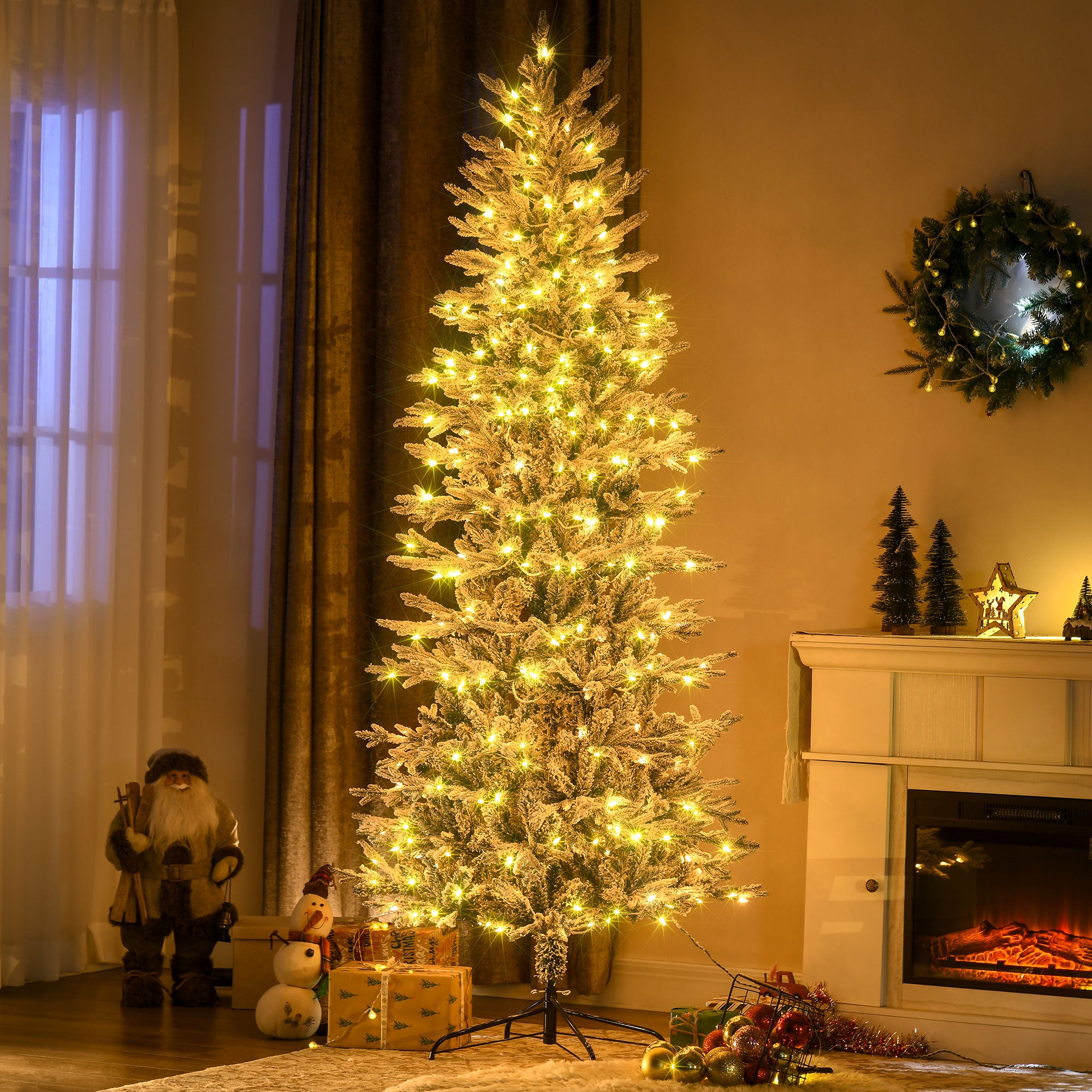 7.5' Pre Lit Artificial Flocked Christmas Trees, with Snow Branches, Warm Yellow Clear Lights, Auto Open, Extra Bulb