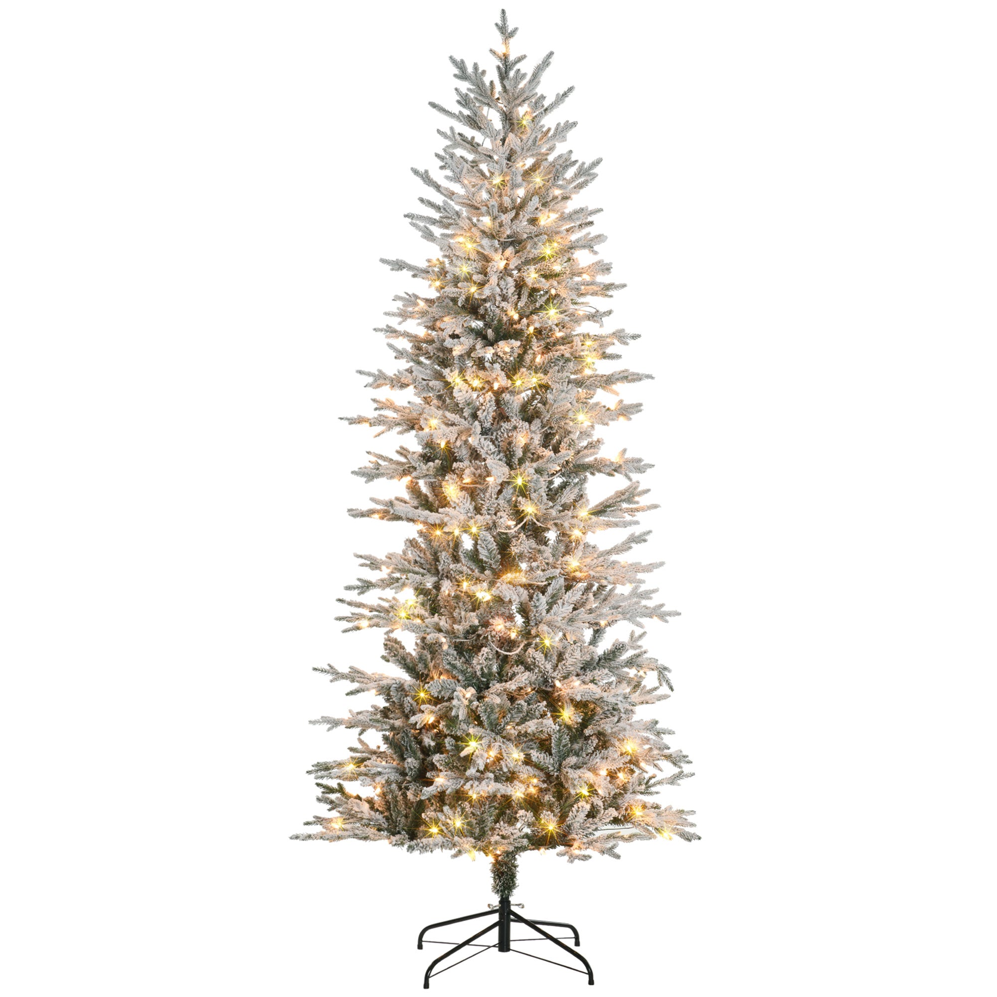 7.5' Pre Lit Artificial Flocked Christmas Trees, with Snow Branches, Warm Yellow Clear Lights, Auto Open, Extra Bulb