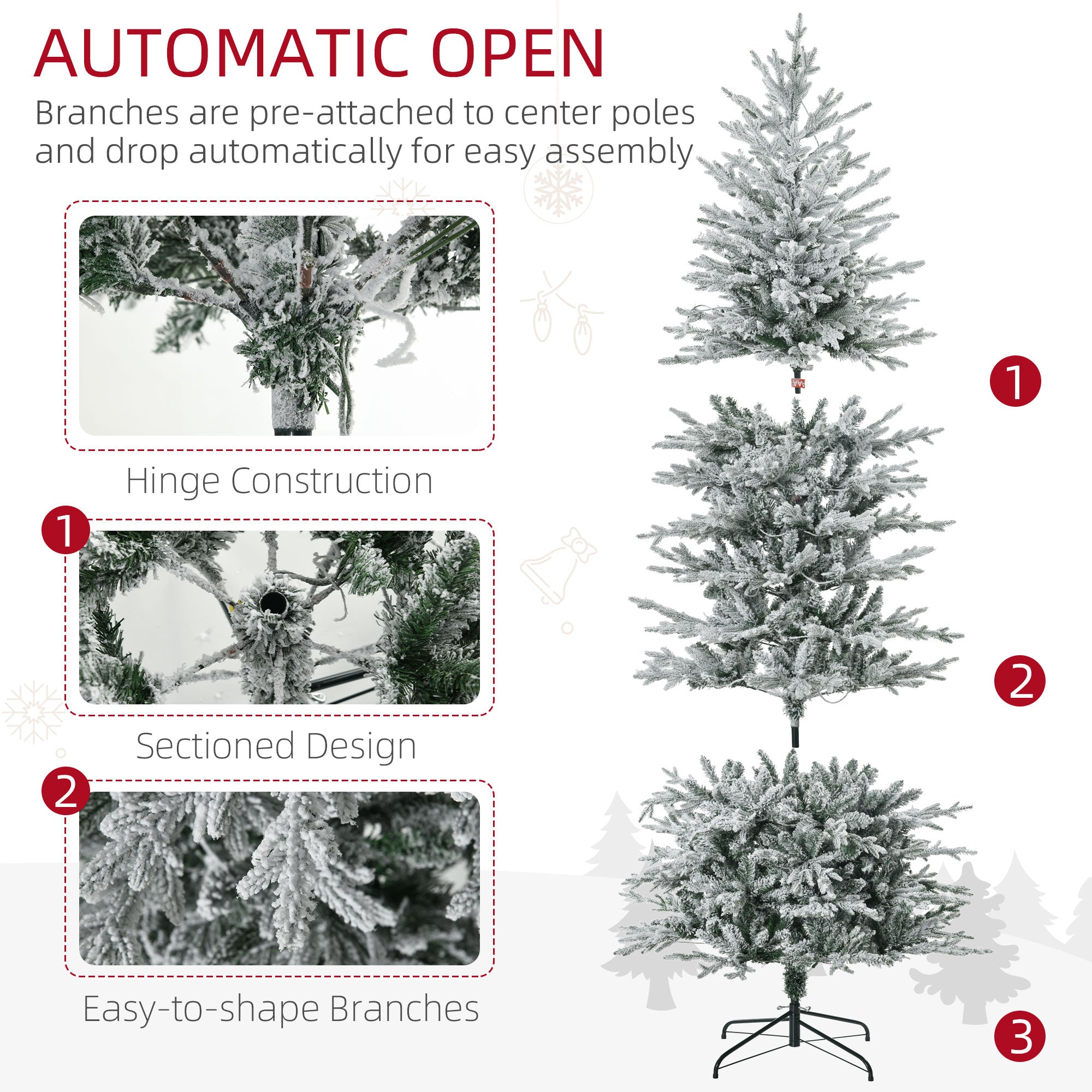 7.5' Pre Lit Artificial Flocked Christmas Trees, with Snow Branches, Warm Yellow Clear Lights, Auto Open, Extra Bulb