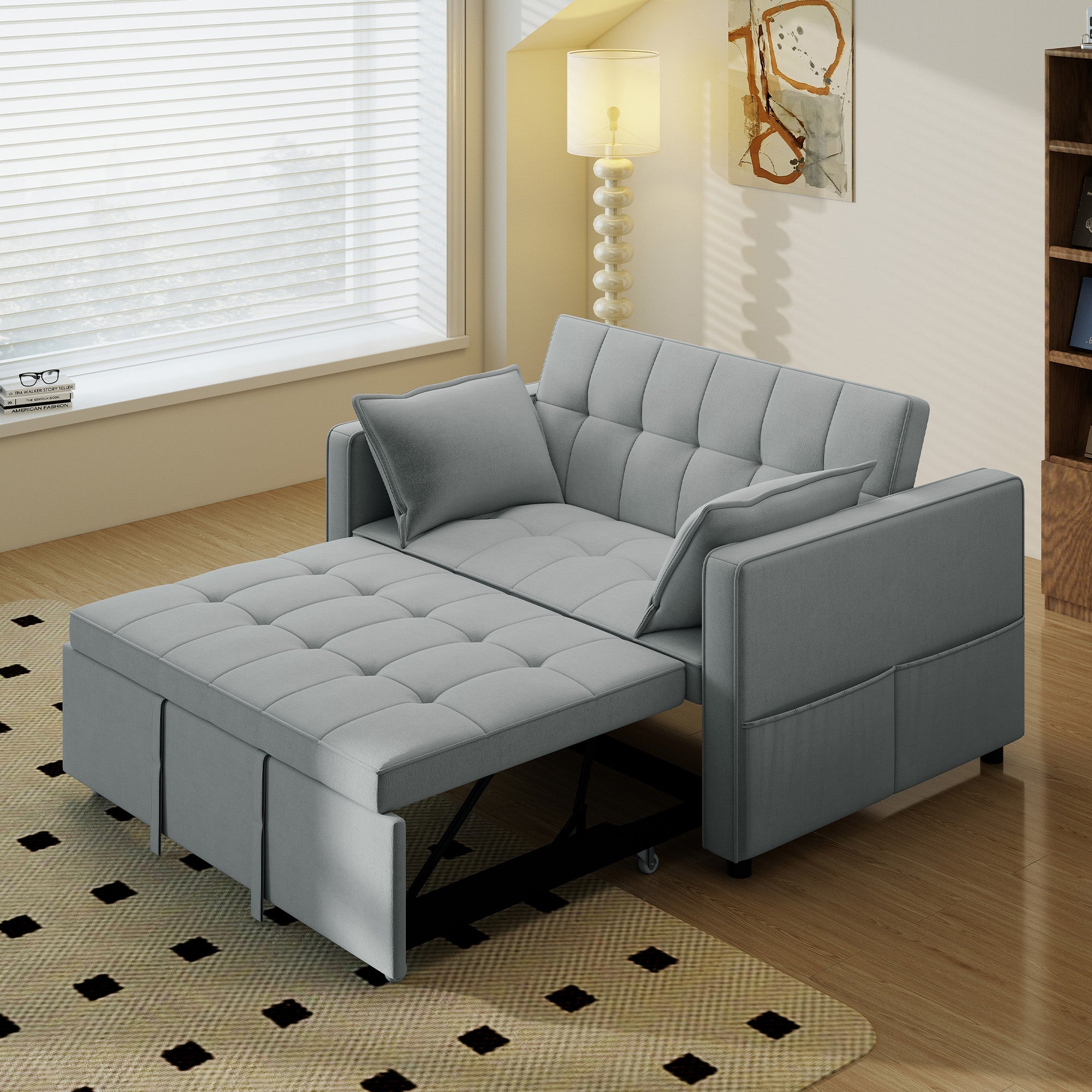 3‑in‑1 Convertible Sofa Bed, Pull Out Sleeper Sofa with USB Charging, Adjustable Backrest, Side Pockets, Sleeper Couch for Living Room, Small Space, Apartment, Light Grey