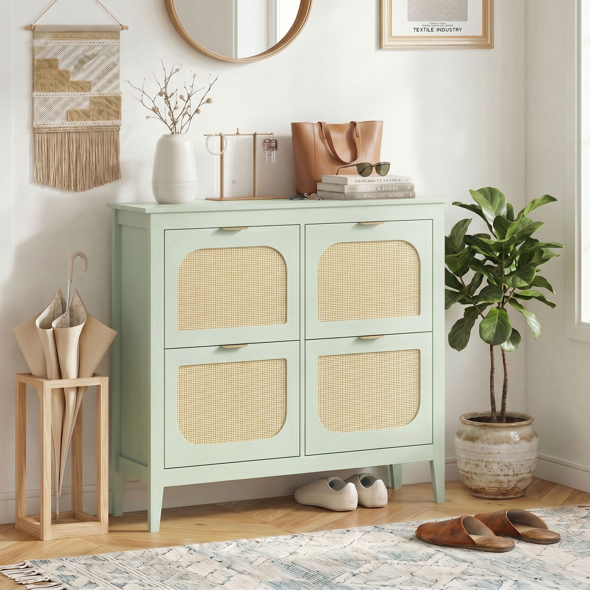 Shoe Storage Cabinet with 4 Flip Drawers, Boho Slim Shoe Cabinet with Rattan Doors for Entryway, Hallway, Holds 20 Pairs, Light Green