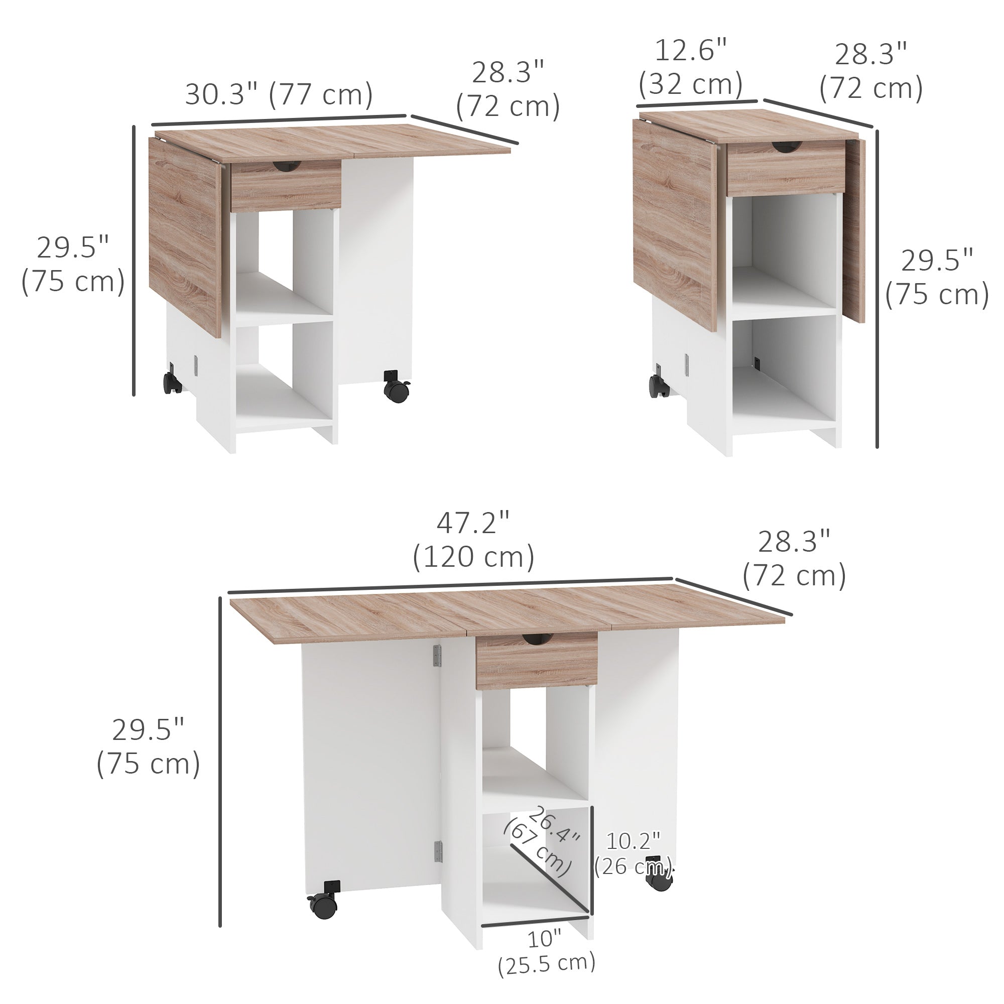 HOMCOM Folding Dining Table, 47" Drop Leaf Table for Small Spaces, Foldable Table with Drawer and Storage Shelves for Kitchen, Dining Room, Oak