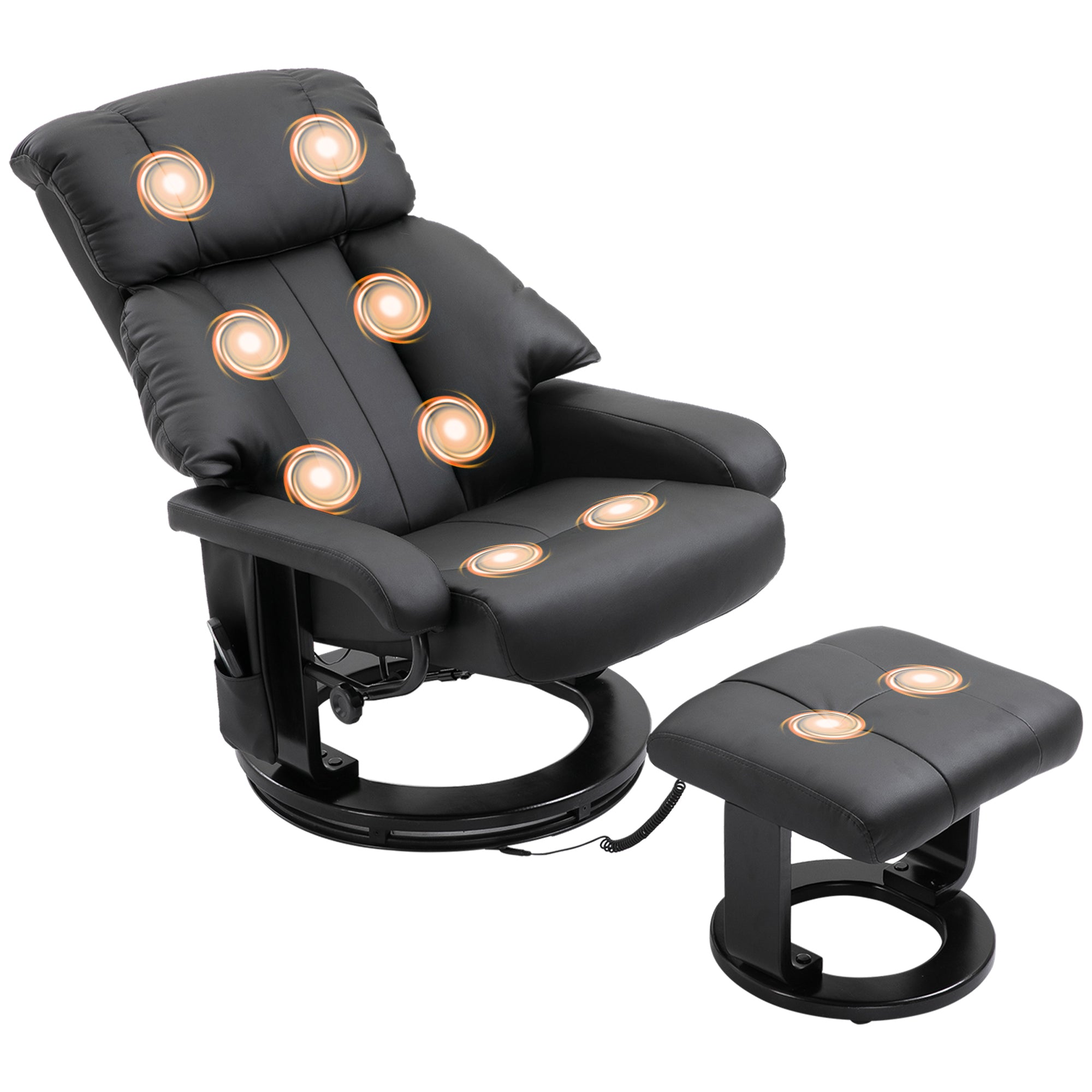 Massage Recliner Chair with Ottoman, 360° Swivel Recliner and Footstool, 10-Point Vibration, PU Leather Reclining Chair with Remote Control, Black