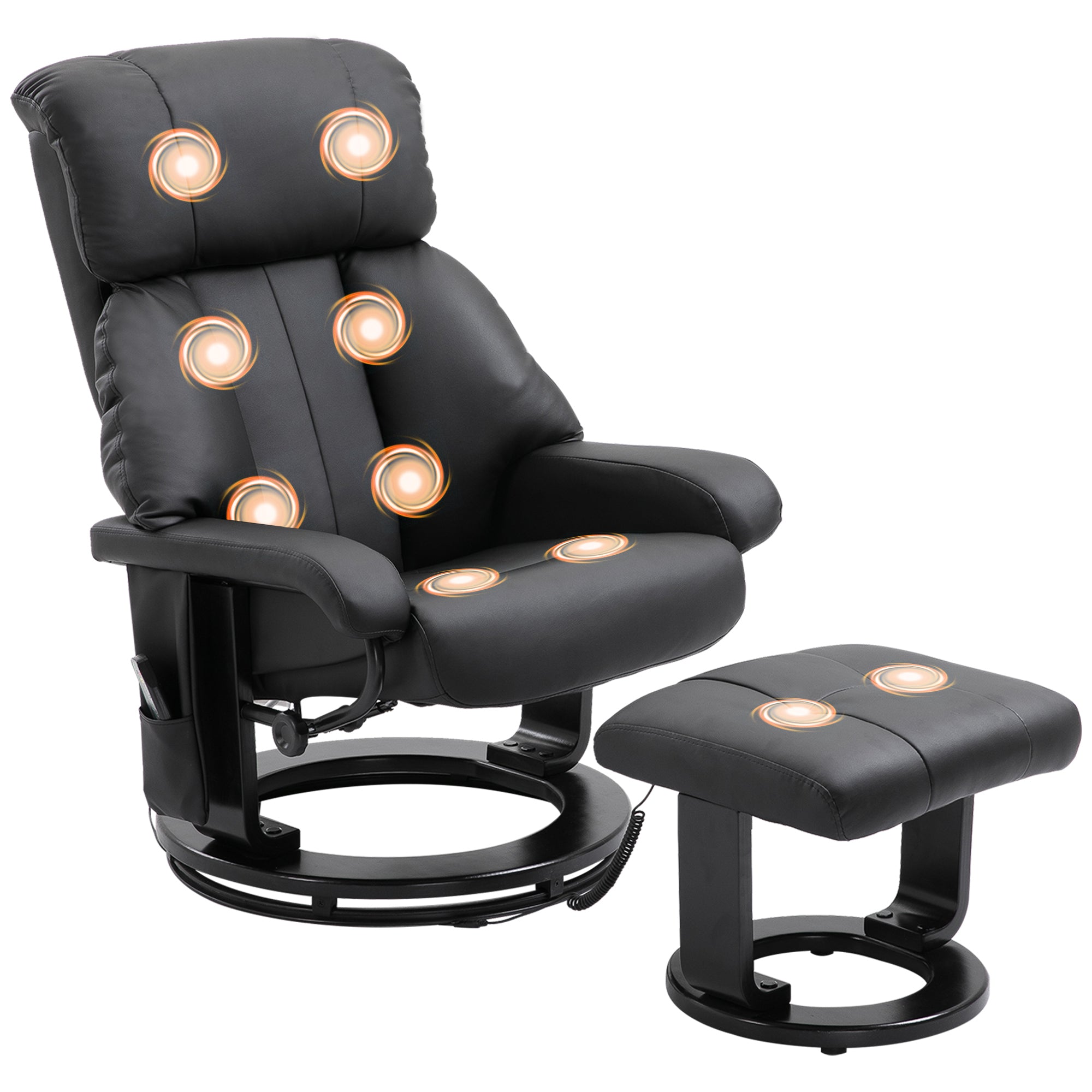 Massage Recliner Chair with Ottoman, 360° Swivel Recliner and Footstool, 10-Point Vibration, PU Leather Reclining Chair with Remote Control, Black