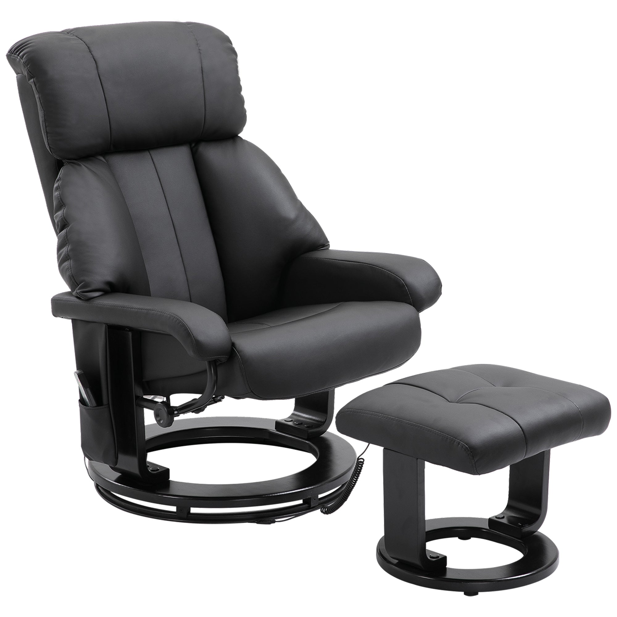 Massage Recliner Chair with Ottoman, 360° Swivel Recliner and Footstool, 10-Point Vibration, PU Leather Reclining Chair with Remote Control, Black